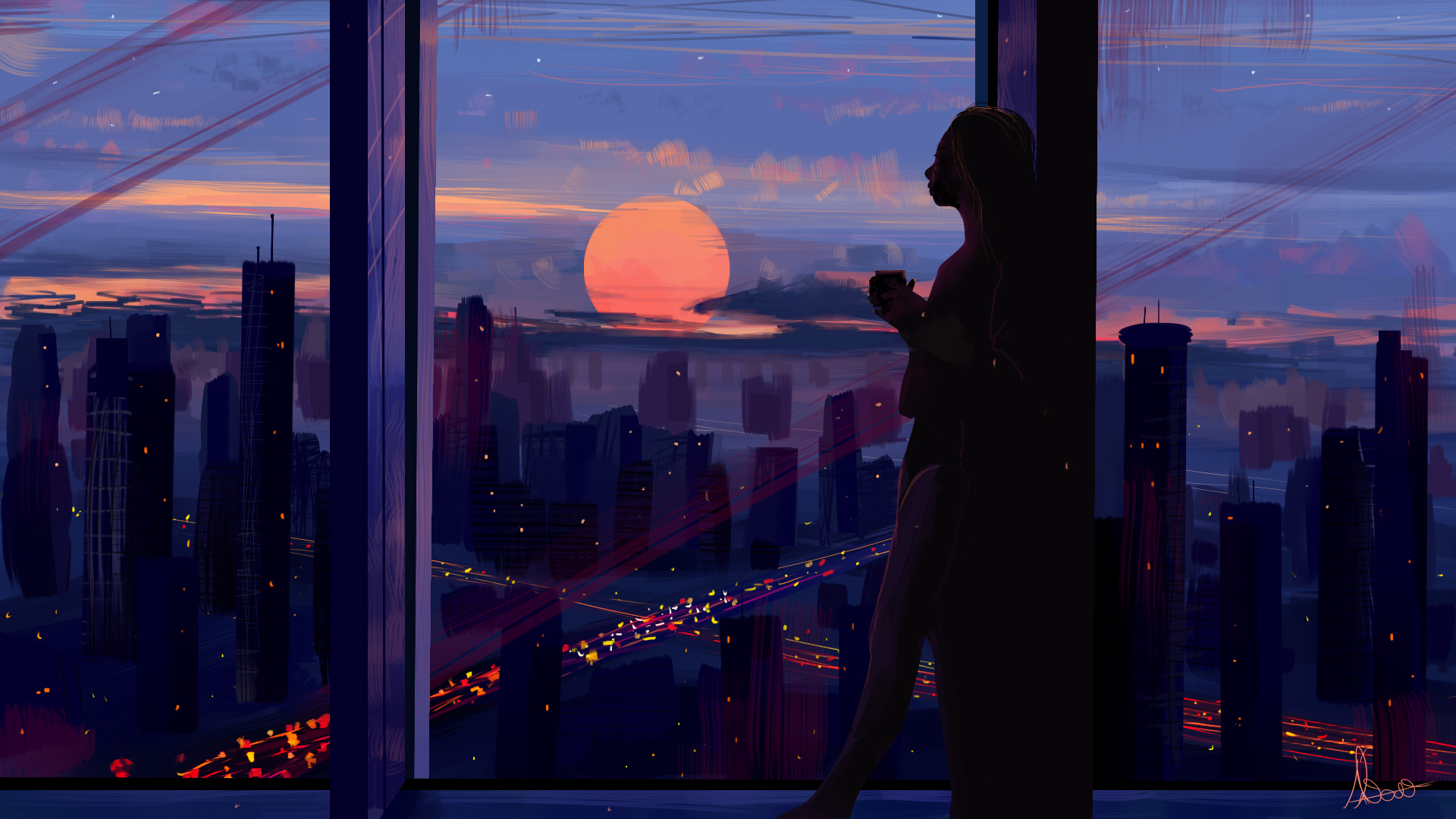 Digital Painting Women Cityscape Sunrise Coffee Alvaroserpa 1920x1080