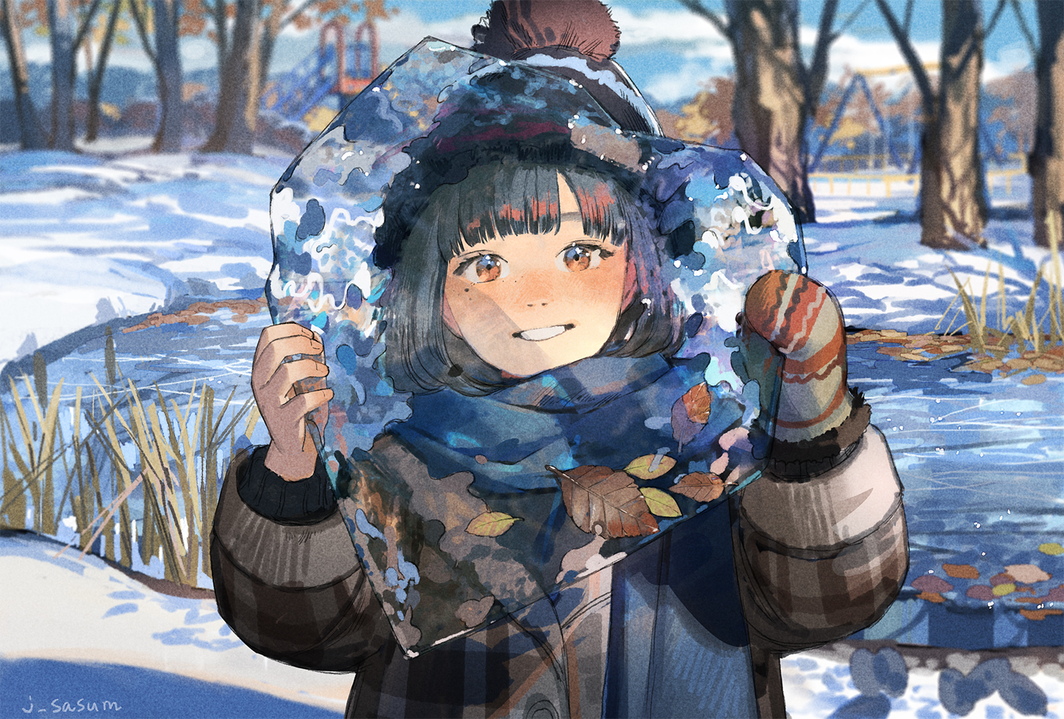 Anime Anime Girls Winter Snow Trees Leaves Ice Dark Hair Long Hair Mittens Smiling Orange Eyes Scarf 1500x1014