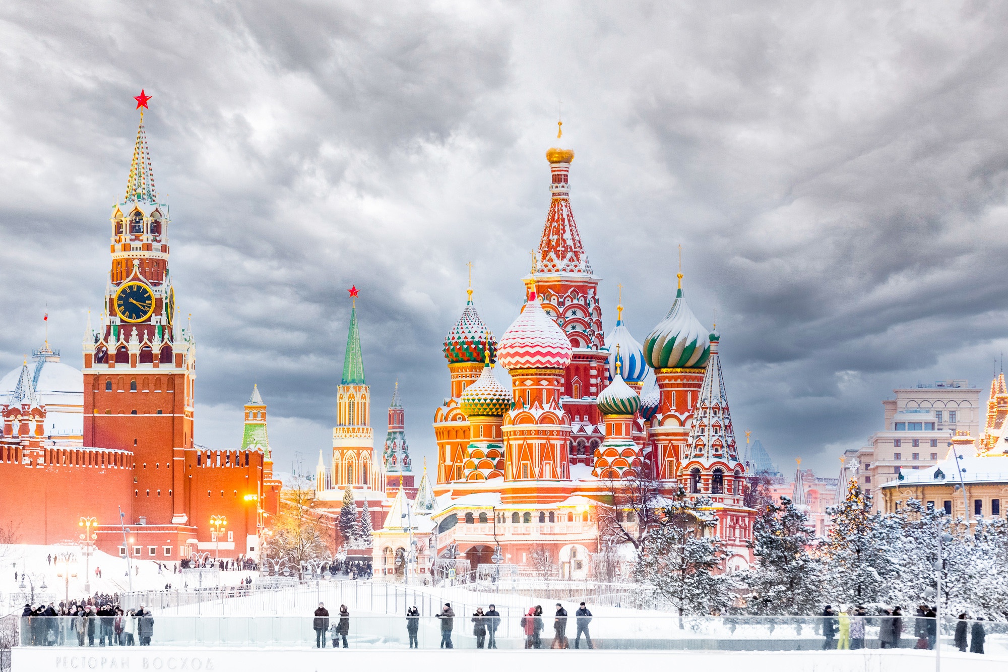 Moscow Russia Kremlin Red Square Cathedral Winter Snow People Sky Clouds City Cityscape Saint Basils 2000x1333