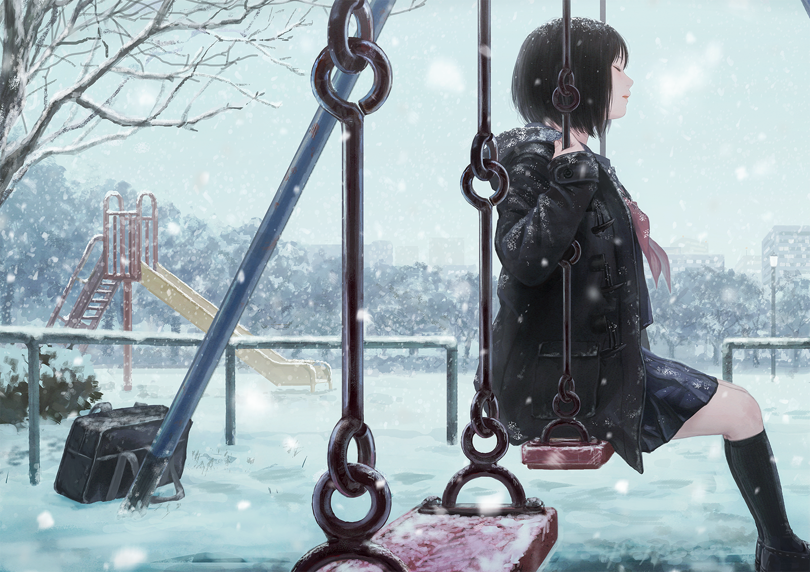 Anime Anime Girls Black Hair Dark Hair Park Swings School Uniform Winter Snow Closed Eyes 1600x1131