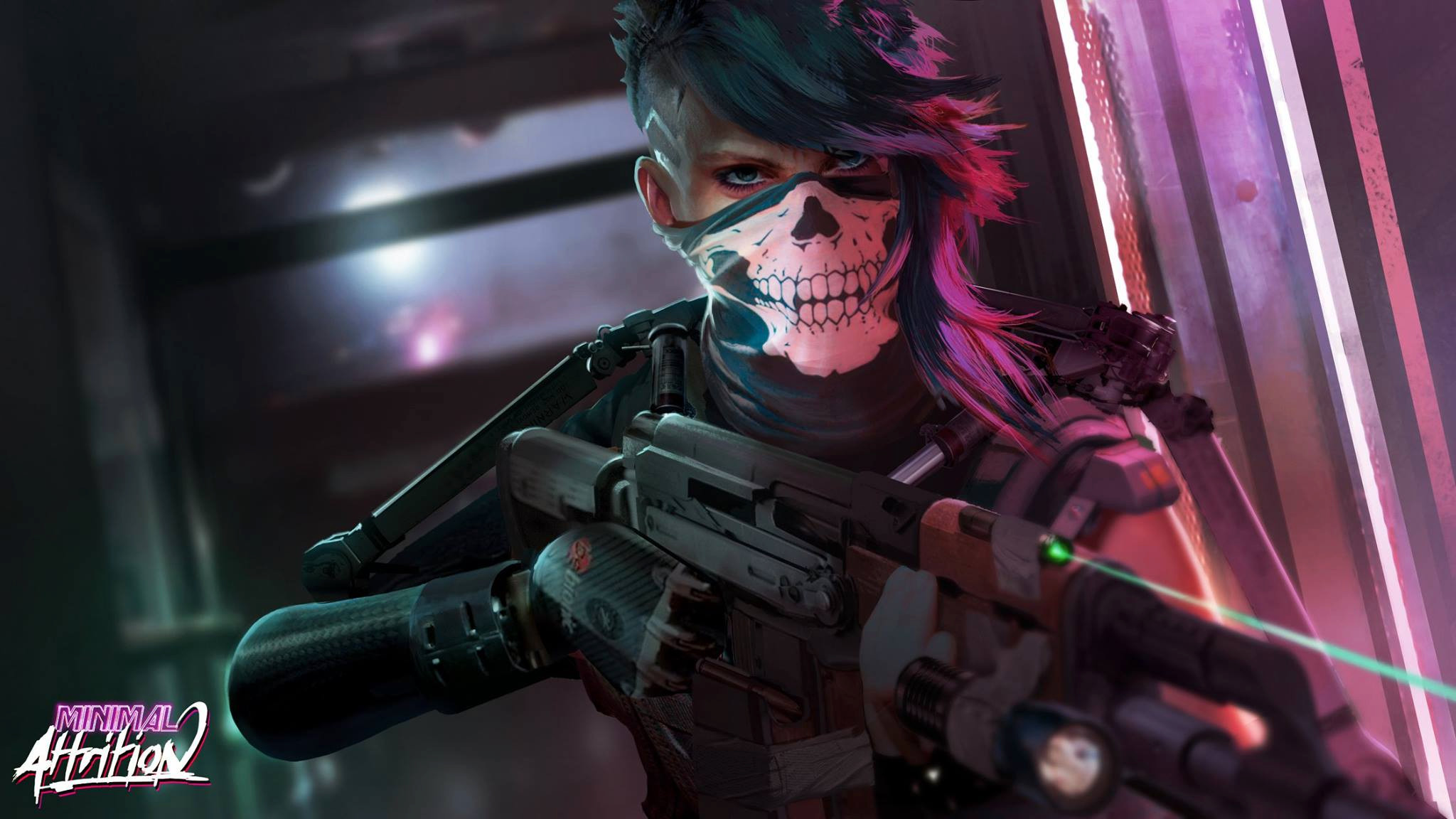 David Paget Mask Women Digital Painting Black Rifle Girls With Guns Dyed Hair Gun Undercut Hairstyle 2048x1152