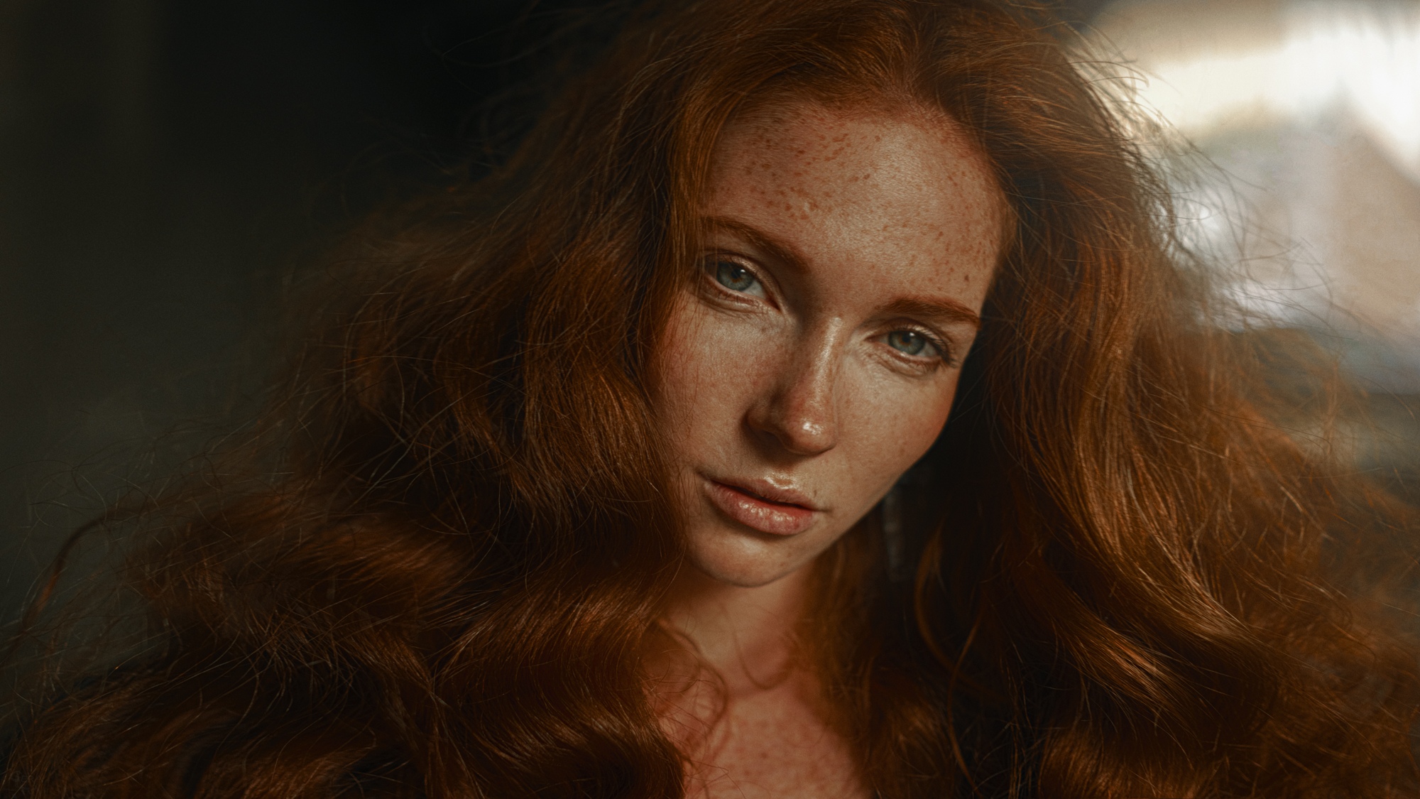 Women Model Face Redhead Looking At Viewer Long Hair Freckles Oksana Butovskaya 2000x1125