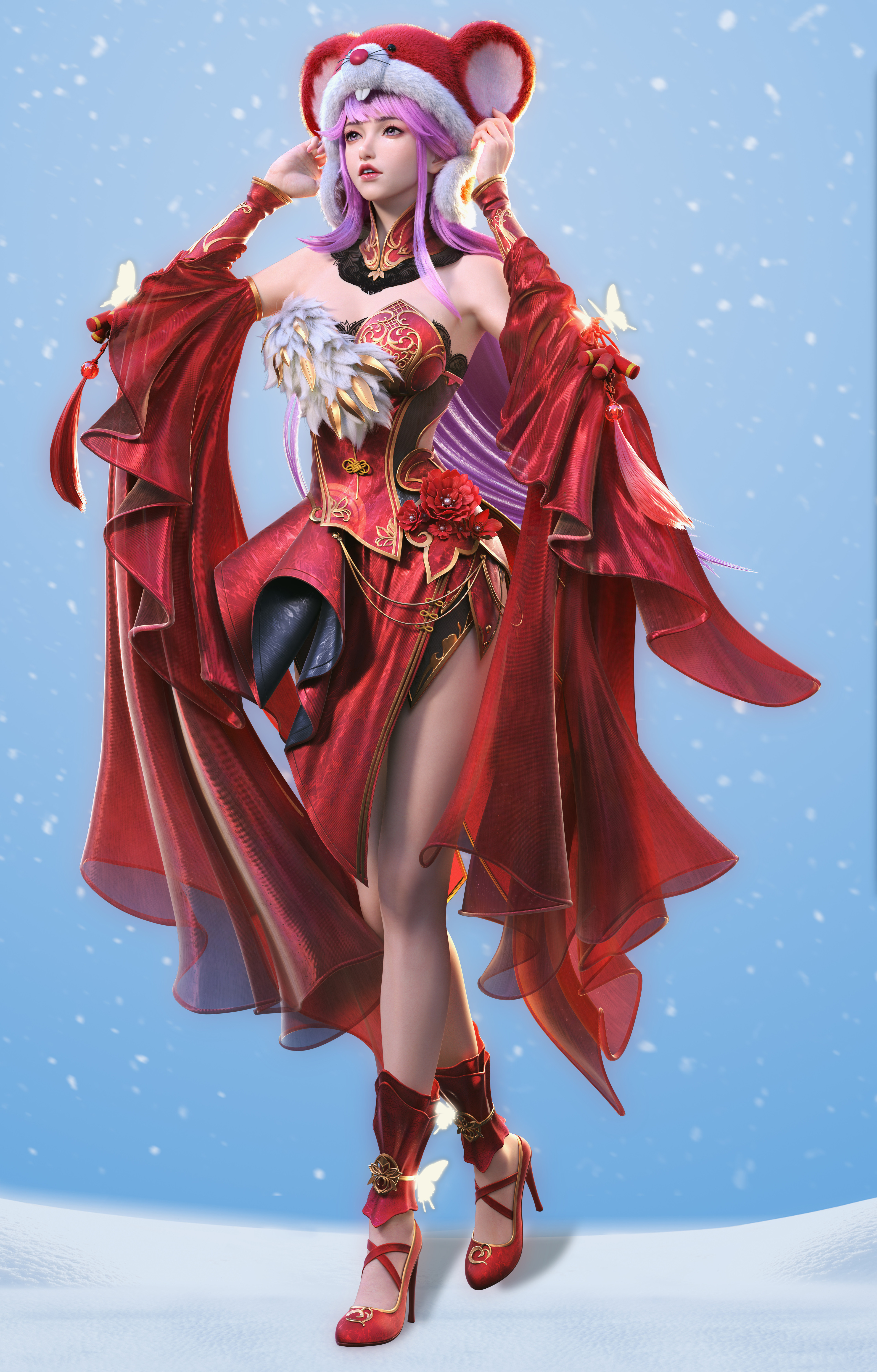 Chaojitang Tang CGi Women Animals Hat Pink Hair Dress Red Clothing Walking Snow Blue High Heels Red  3840x6008