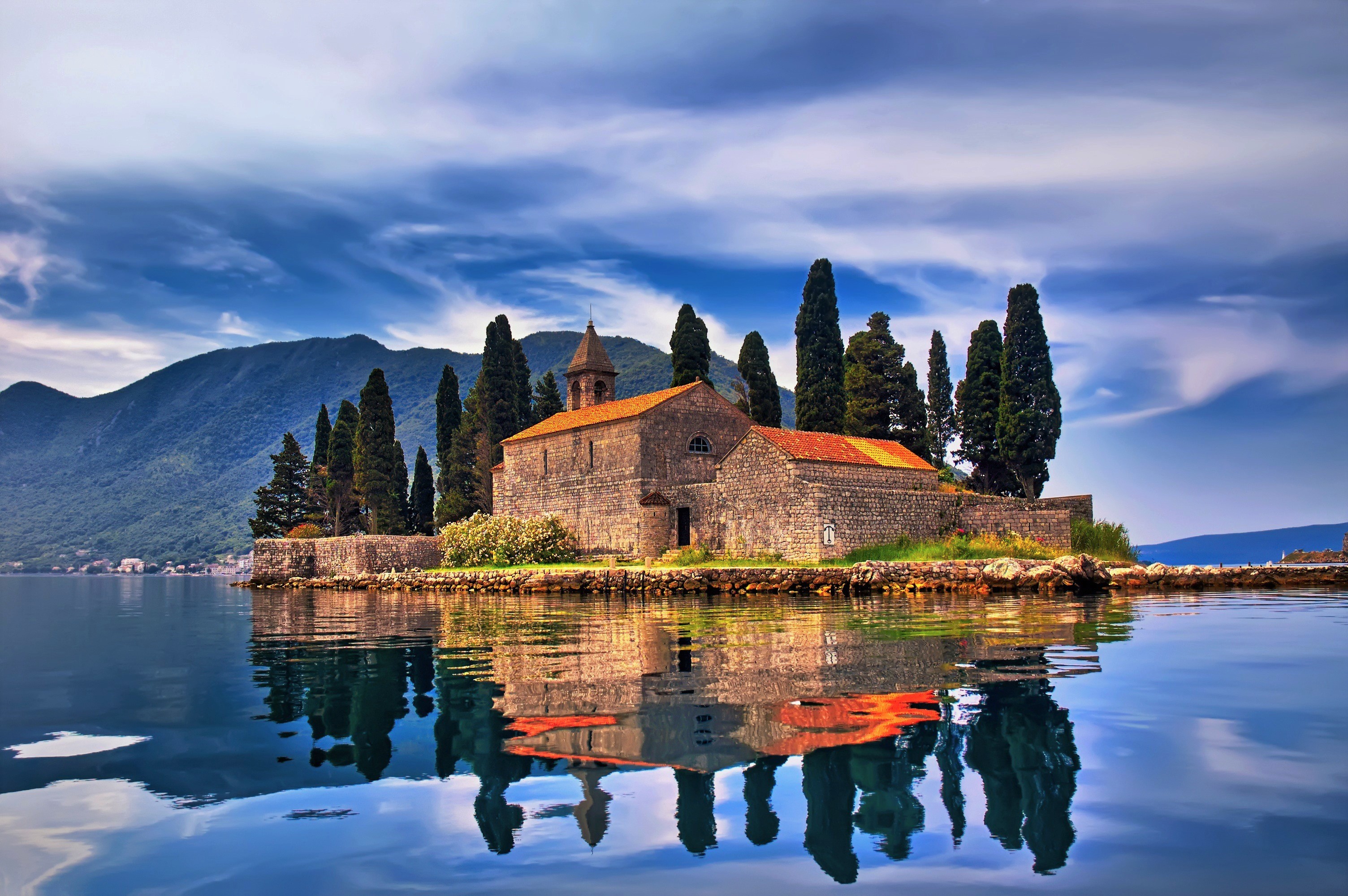 Church Island Montenegro Reflection Religious Stone 3008x2000