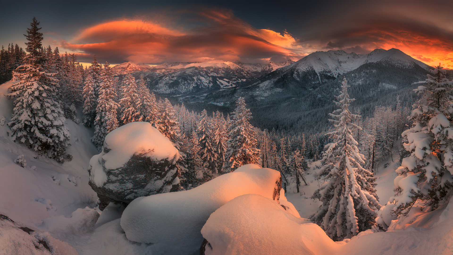 Winter Landscape Snow Trees Forest Mountains Sunset Sky Clouds Warm Light Photography Nature Outdoor 1920x1080