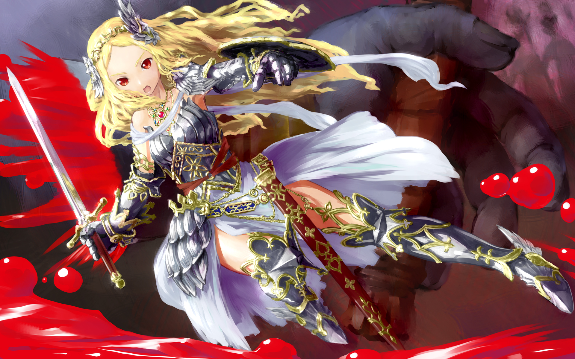 Artwork Anime Girls Blonde Red Eyes Armored Sword Open Mouth Shield Jewelry Long Hair Greaves Armour 1920x1200