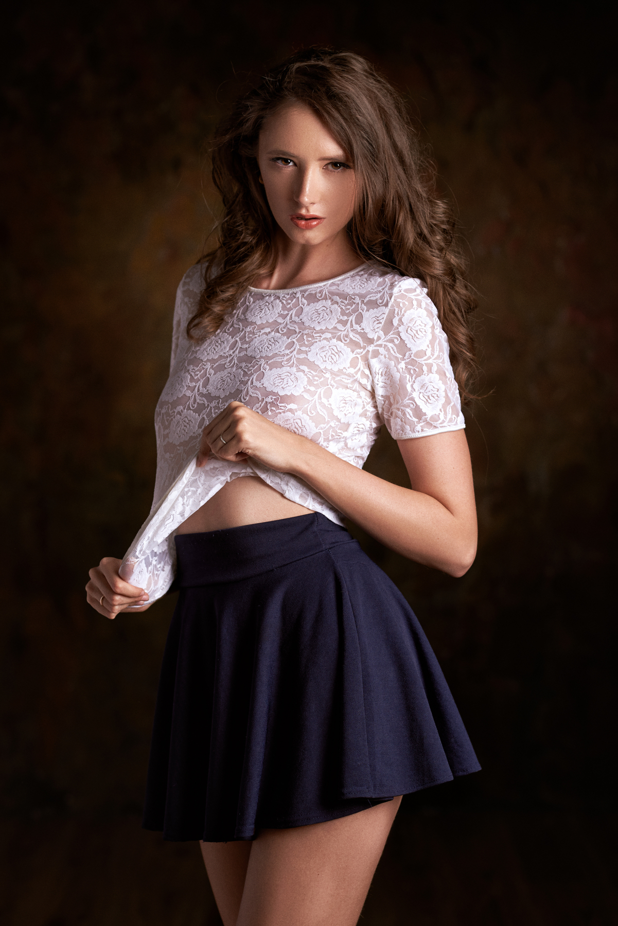 Max Pyzhik Model Women Brunette Brown Eyes Blouse Skirt Blue Skirt Blue Miniskirt Legs Looking At Vi 1201x1800