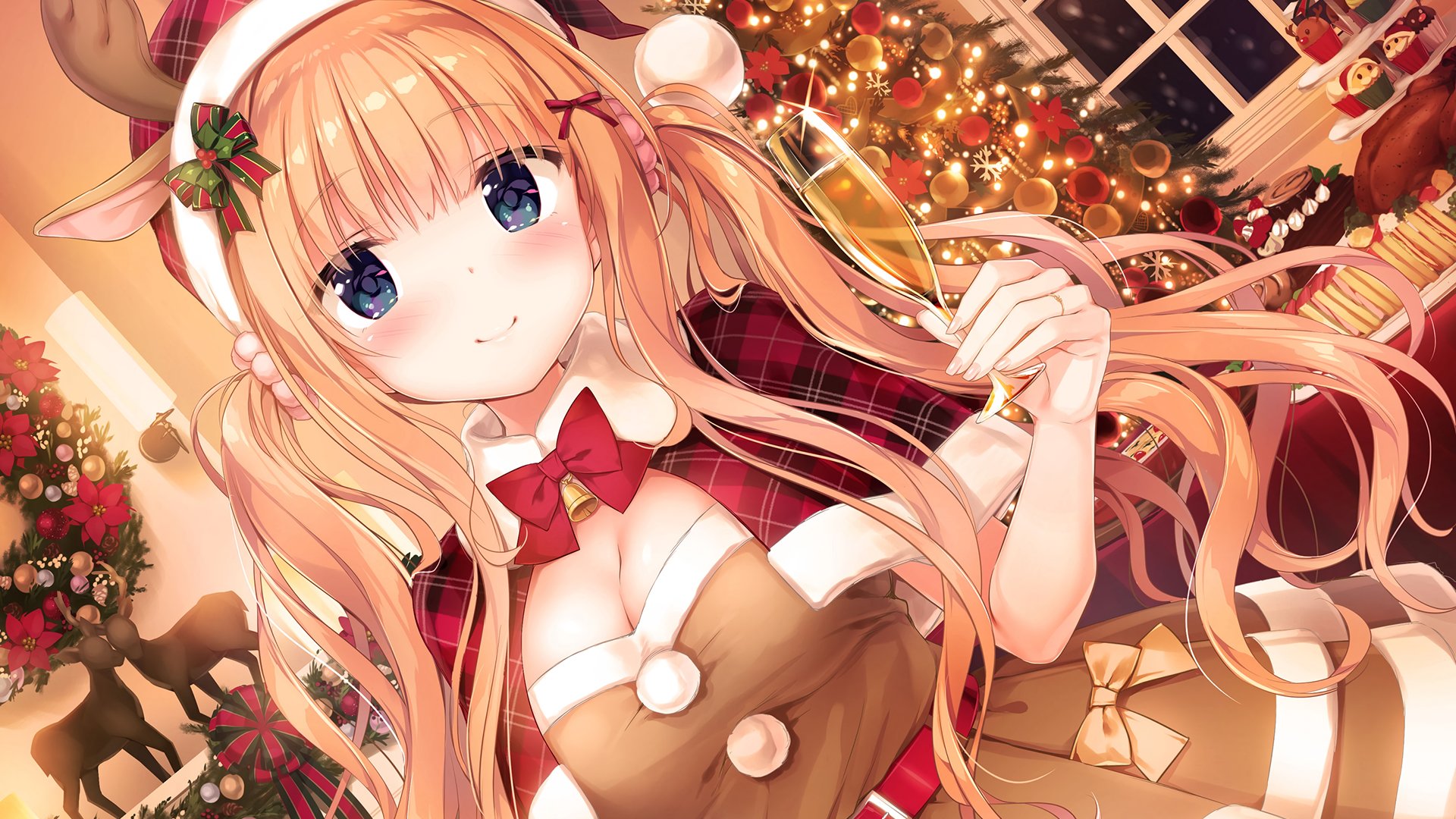 Anime Girls Anime Smiling Blonde Santa Girl Christmas Food Kimishima Ao 1920x1080
