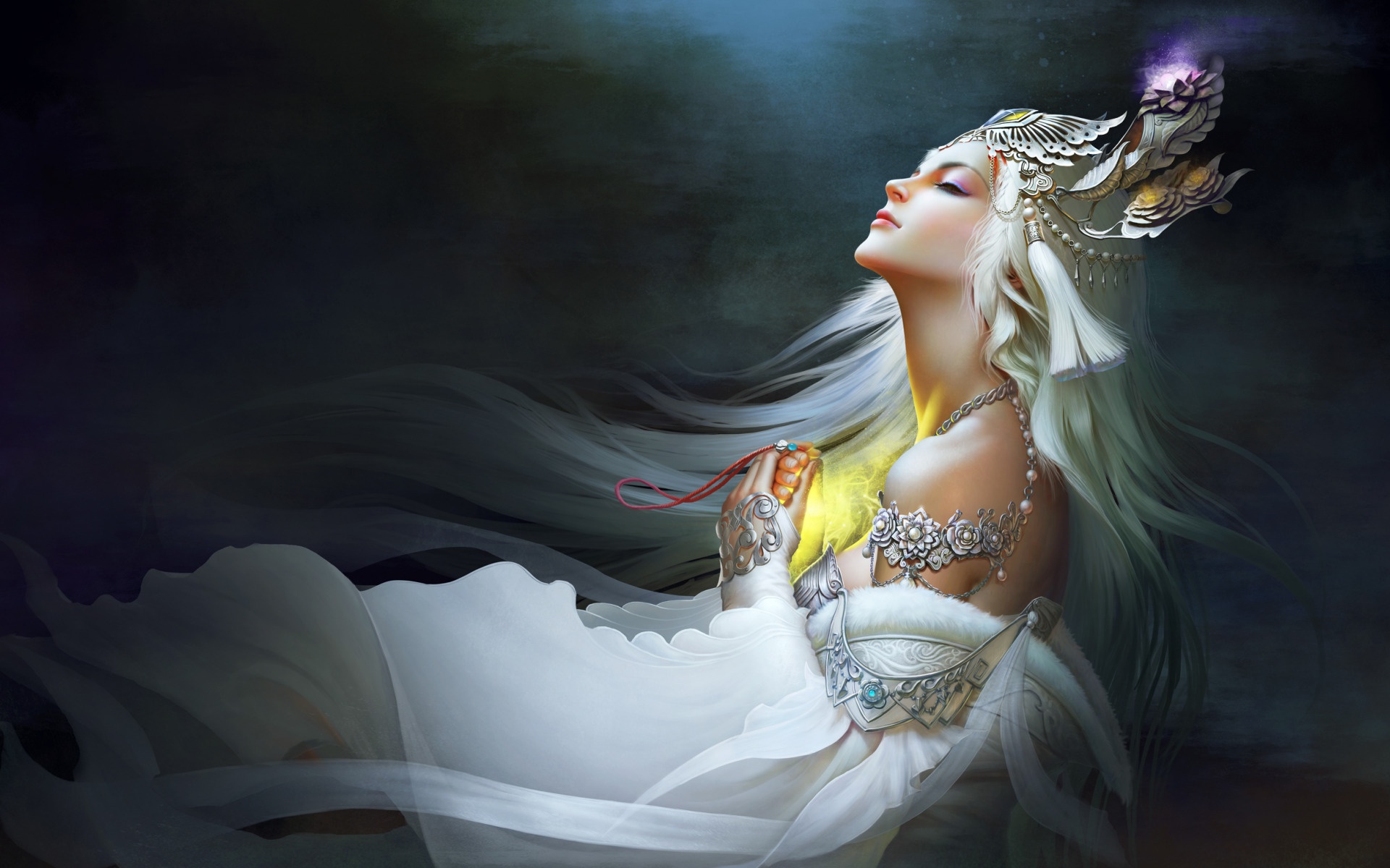 Princess Women White Hair Crown Bare Shoulders Jewels Fantasy Art Fantasy Girl Artwork 1920x1200