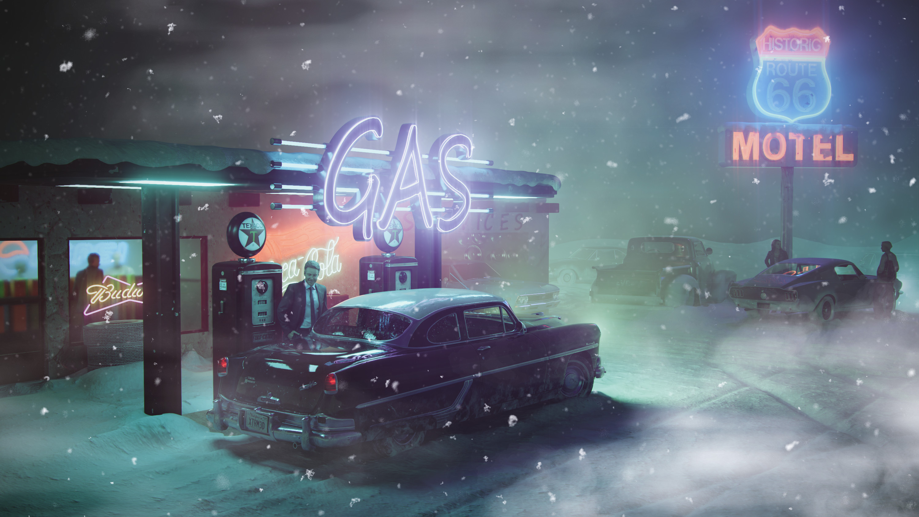 Winter Night Cold Men Car Artwork Vehicle Gas Station Motel Route 66 Snow Flakes 3000x1688
