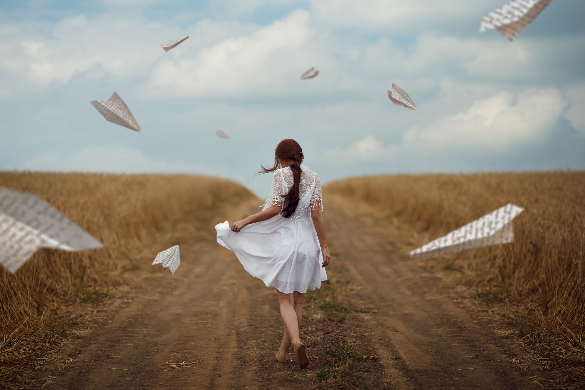 Braid Depth Of Field Field Girl Paper Plane Rear White Dress Woman 2048x1365