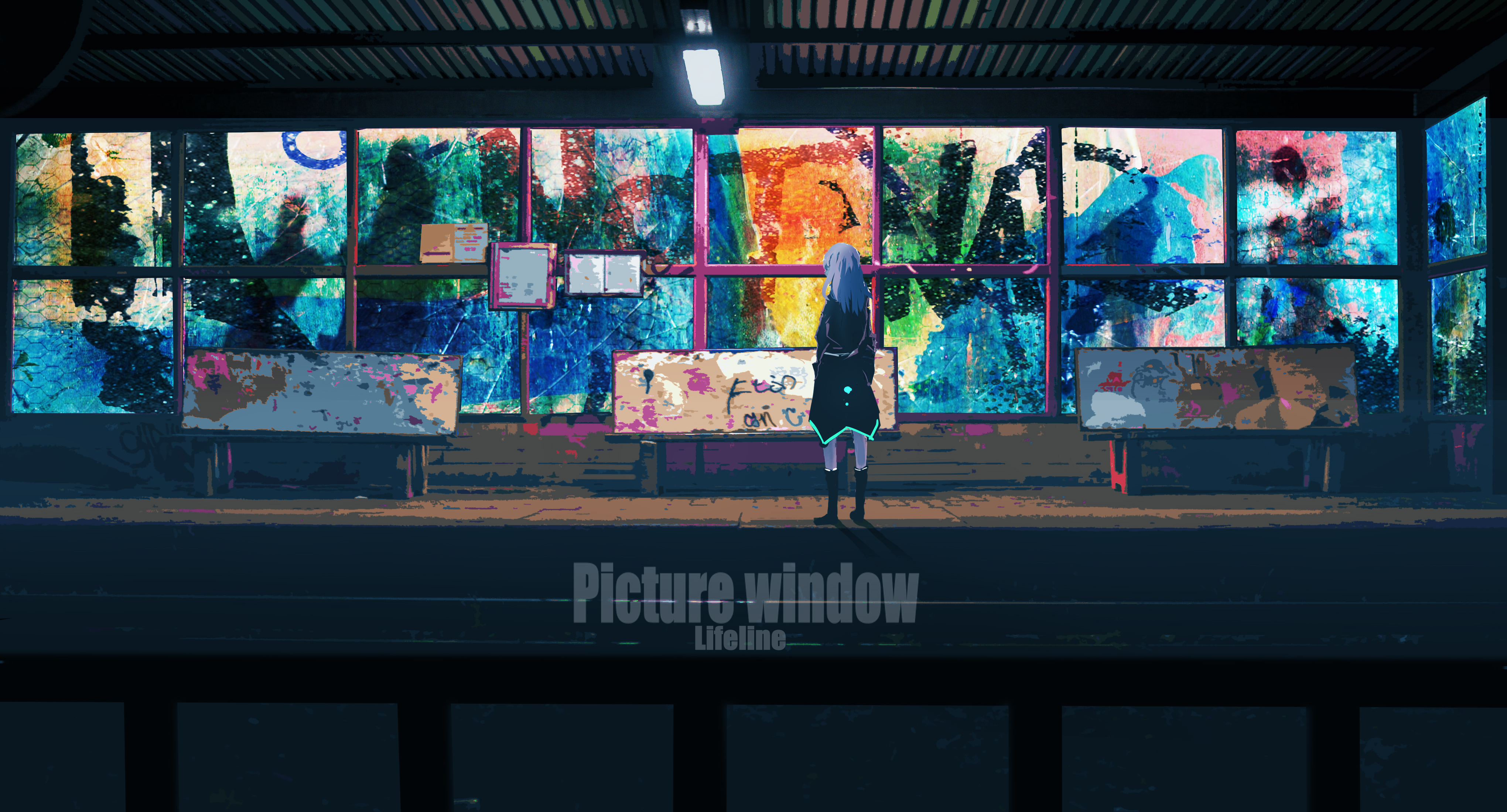 Anime Anime Girls Lifeline Original Characters Graffiti 2D Artwork Long Hair Blue Hair Train Station 4080x2200