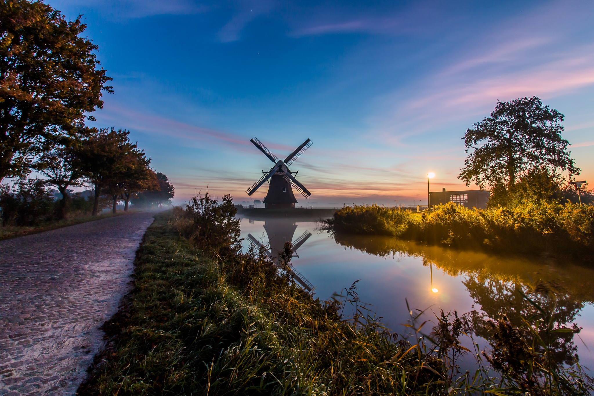 Building Path Reflection River Windmill 2048x1365