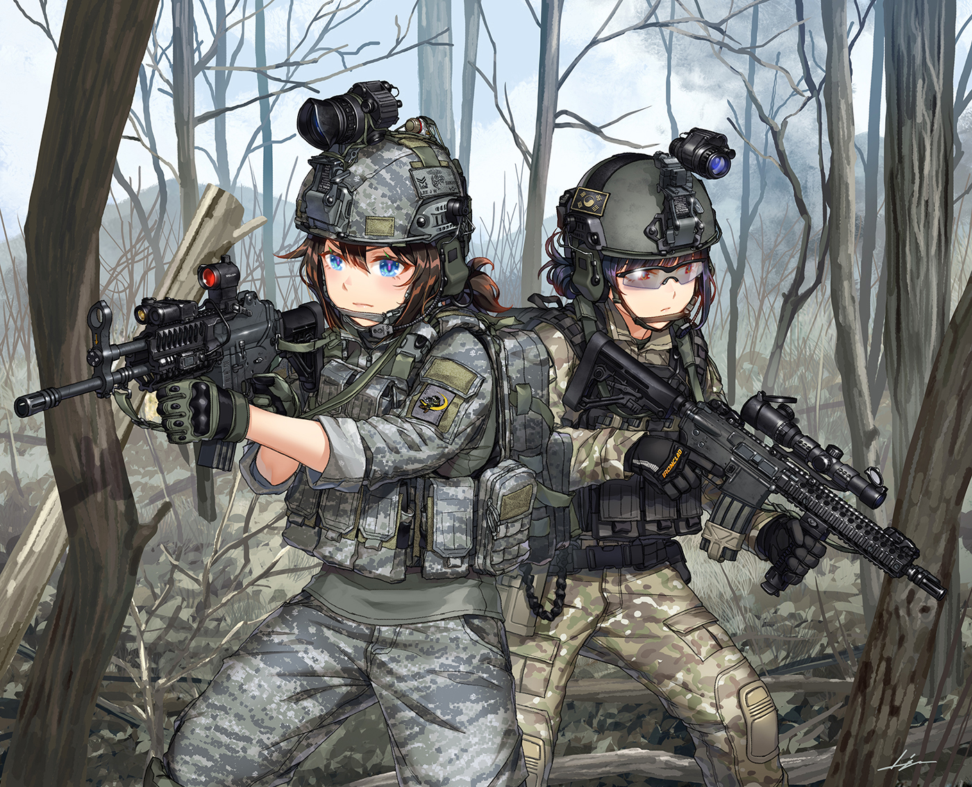 Anime Anime Girls Digital Art Artwork 2D Portrait Gun Weapon KWS ArtStation Camouflage Trees 1400x1134