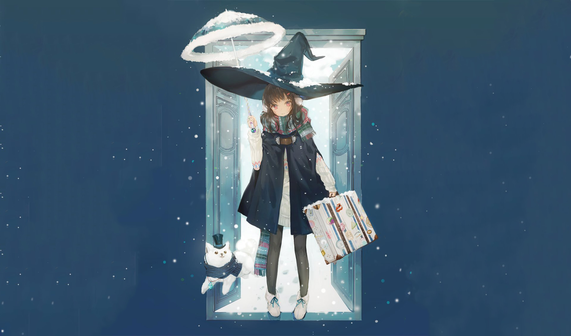 Cat Door Girl Hat Scarf Snow Umbrella 1920x1131