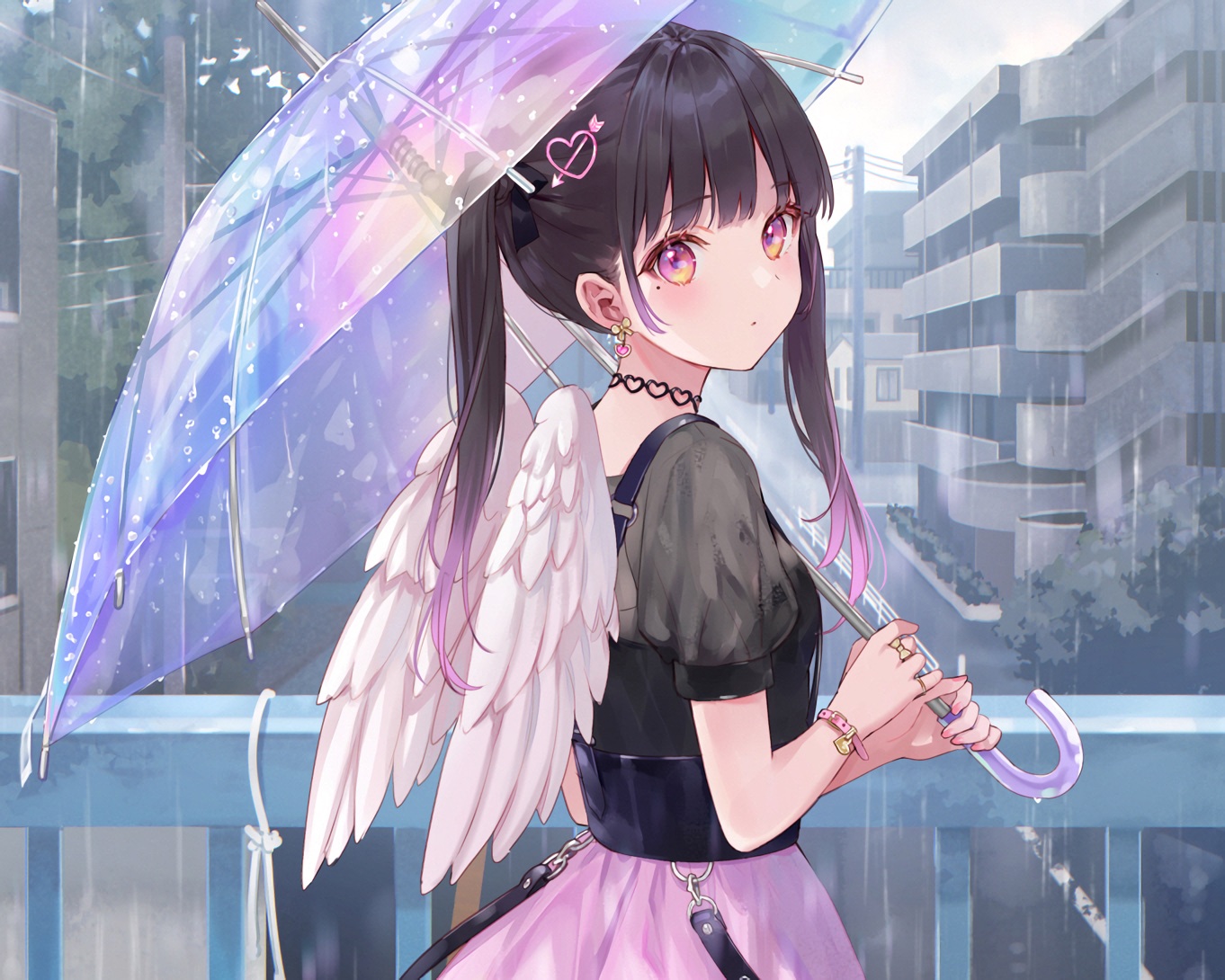 Anime Girls Twintails Fukahire Sanba Umbrella Wings Anime Choker Rain 1362x1090