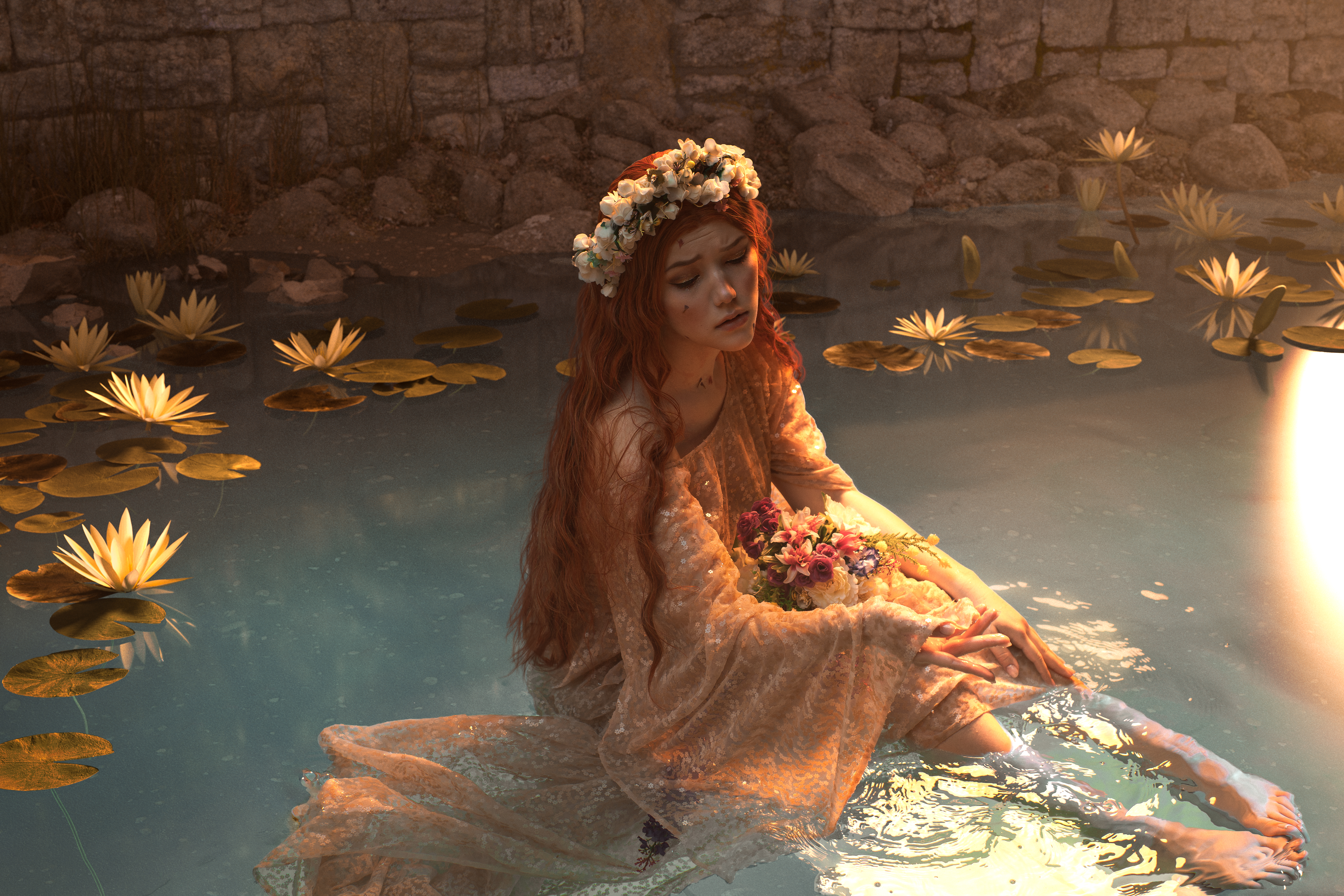 Women Model Cosplay Water Wet Long Hair Redhead Dress Ophelia 6000x4000