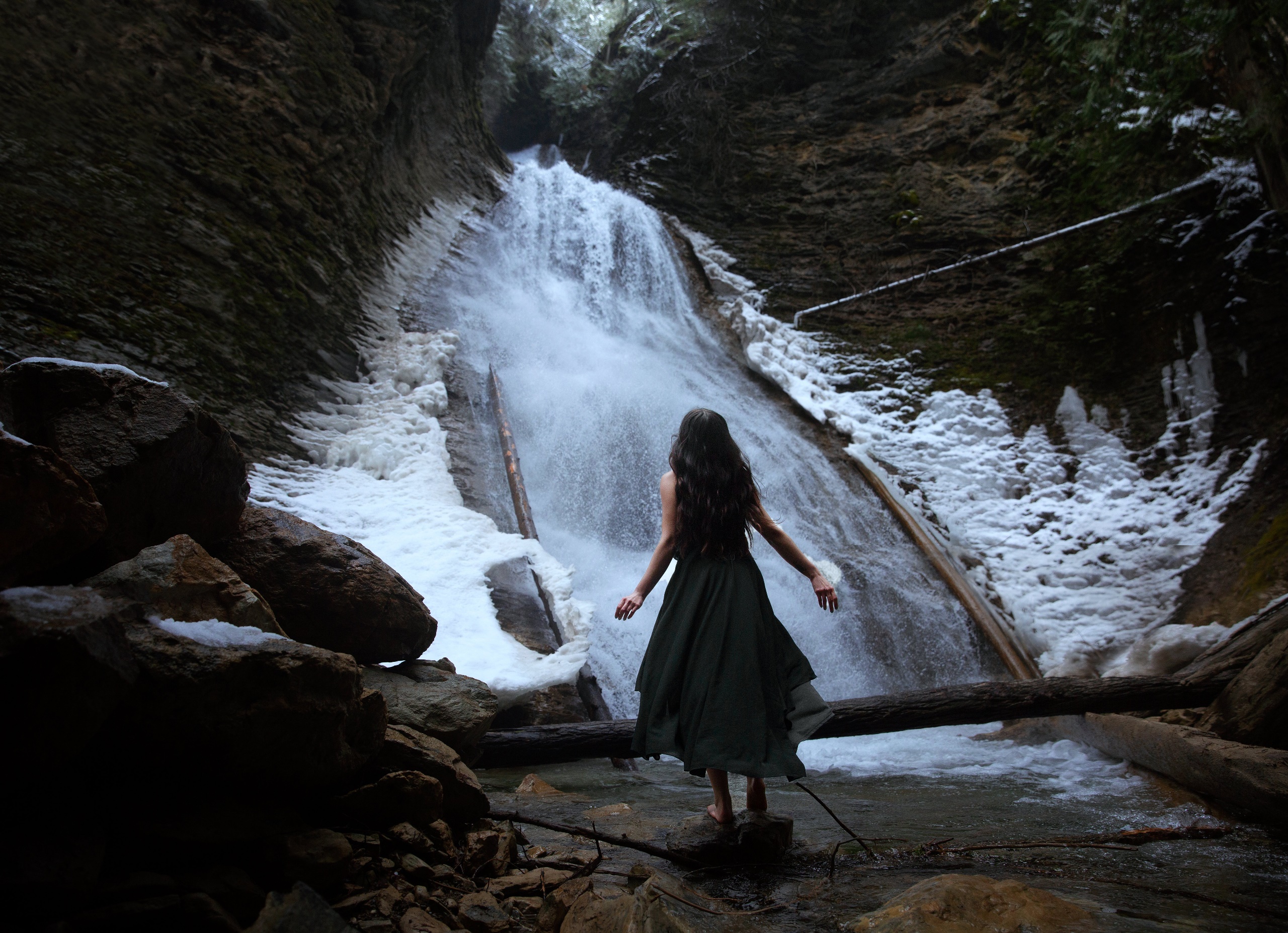 Women Women Outdoors Model Nature Dress Standing Water Waterfall 2560x1855