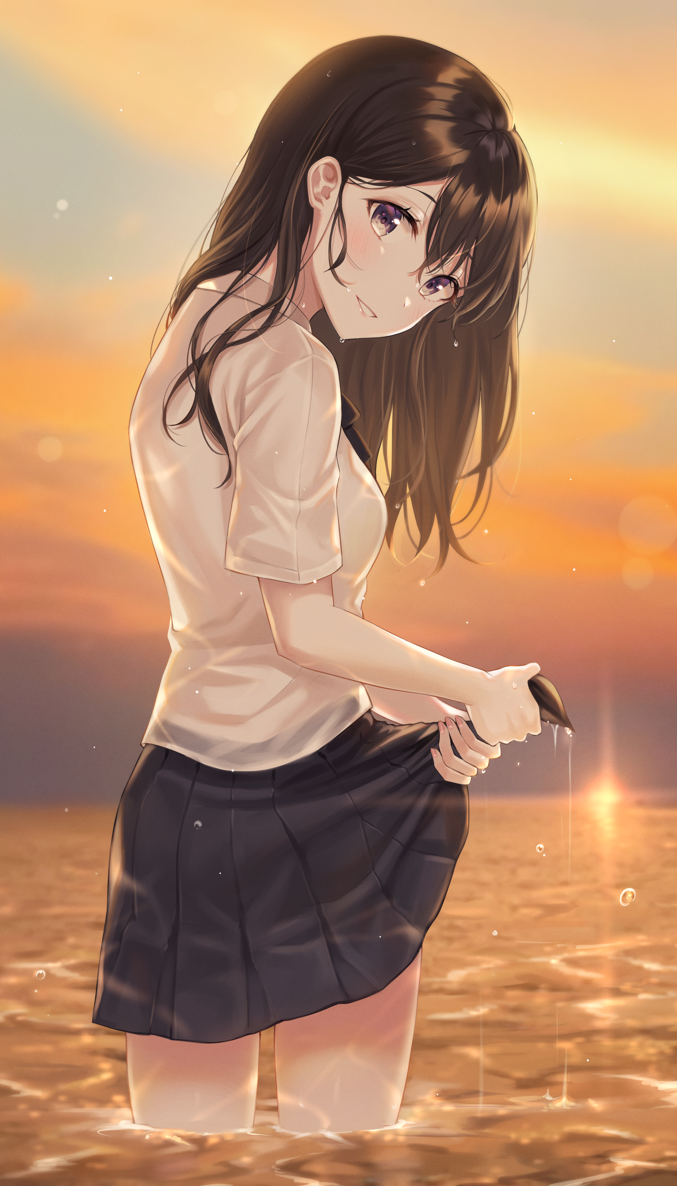 Tokkyu Artista Anime Anime Girls Brunette Vertical Looking At Viewer Standing In Water Sunset Parted 2217x3879