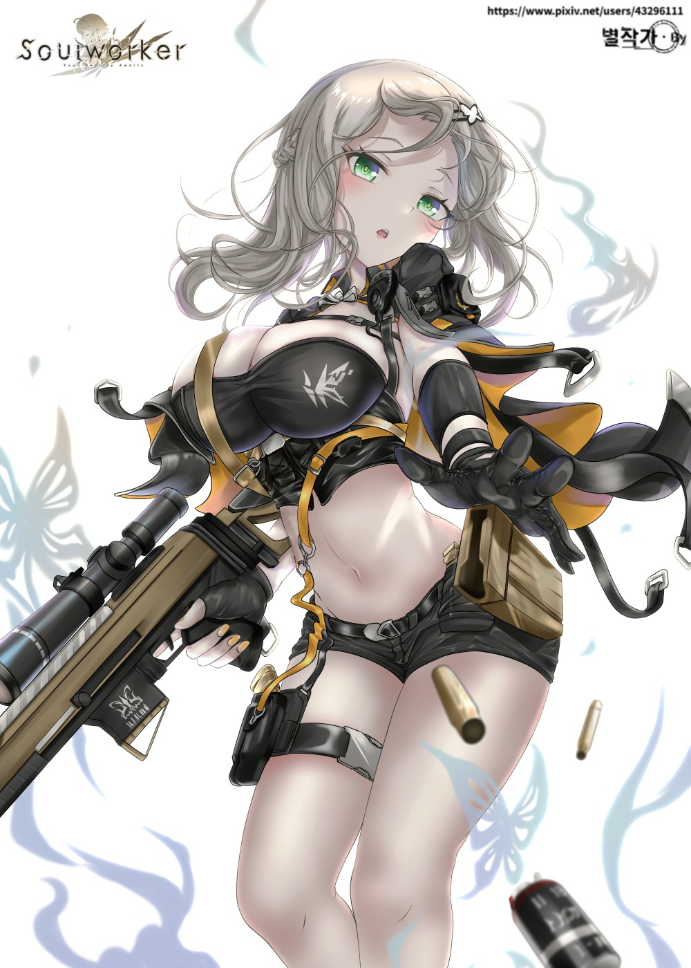 Soulworker LEE NABi Anime Girls Byeoljagga Silver Hair Green Eyes Tank Top Sniper Rifle 1000x1400