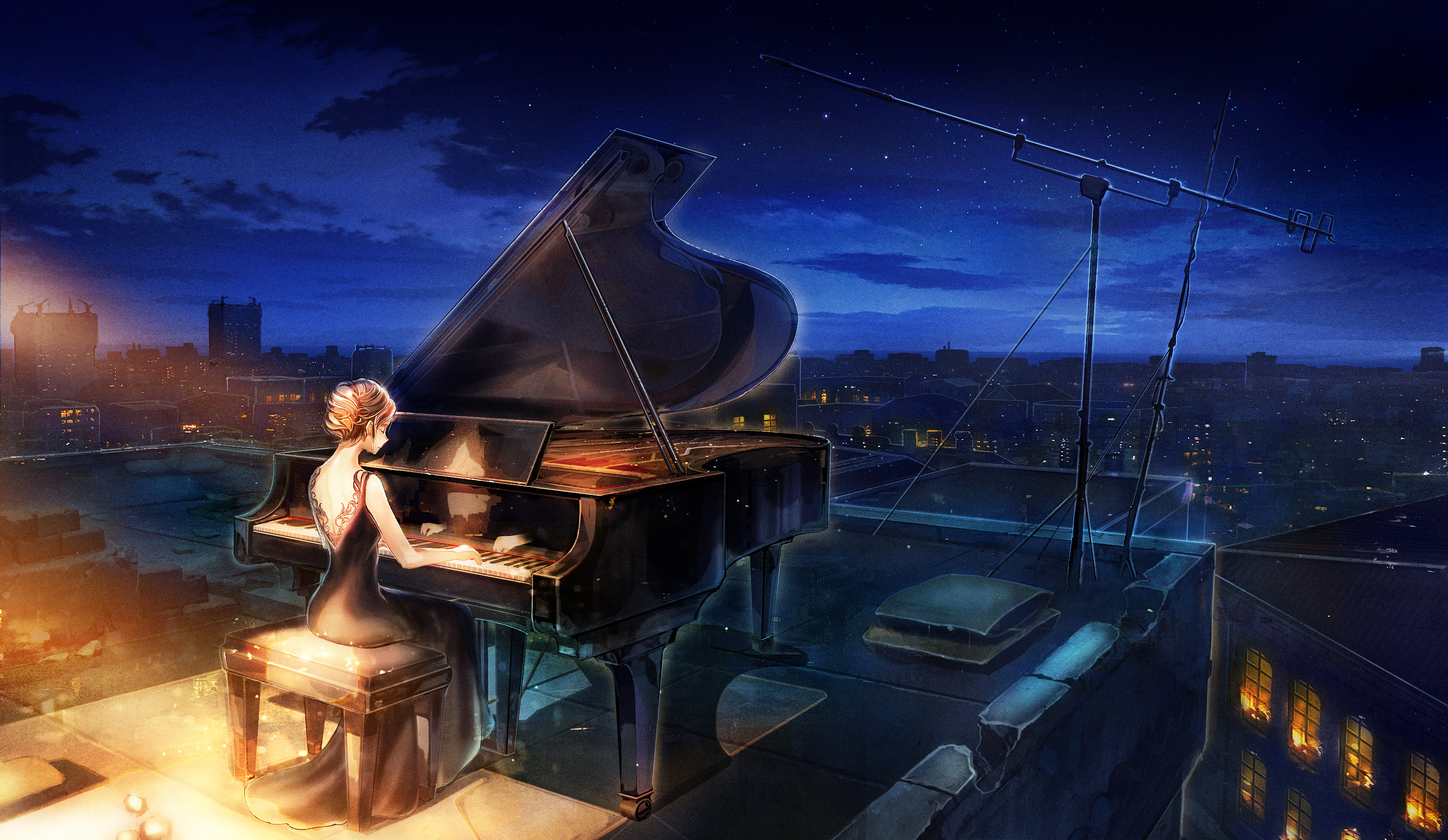 Girl Night Pianist Piano Starry Sky 3300x1915