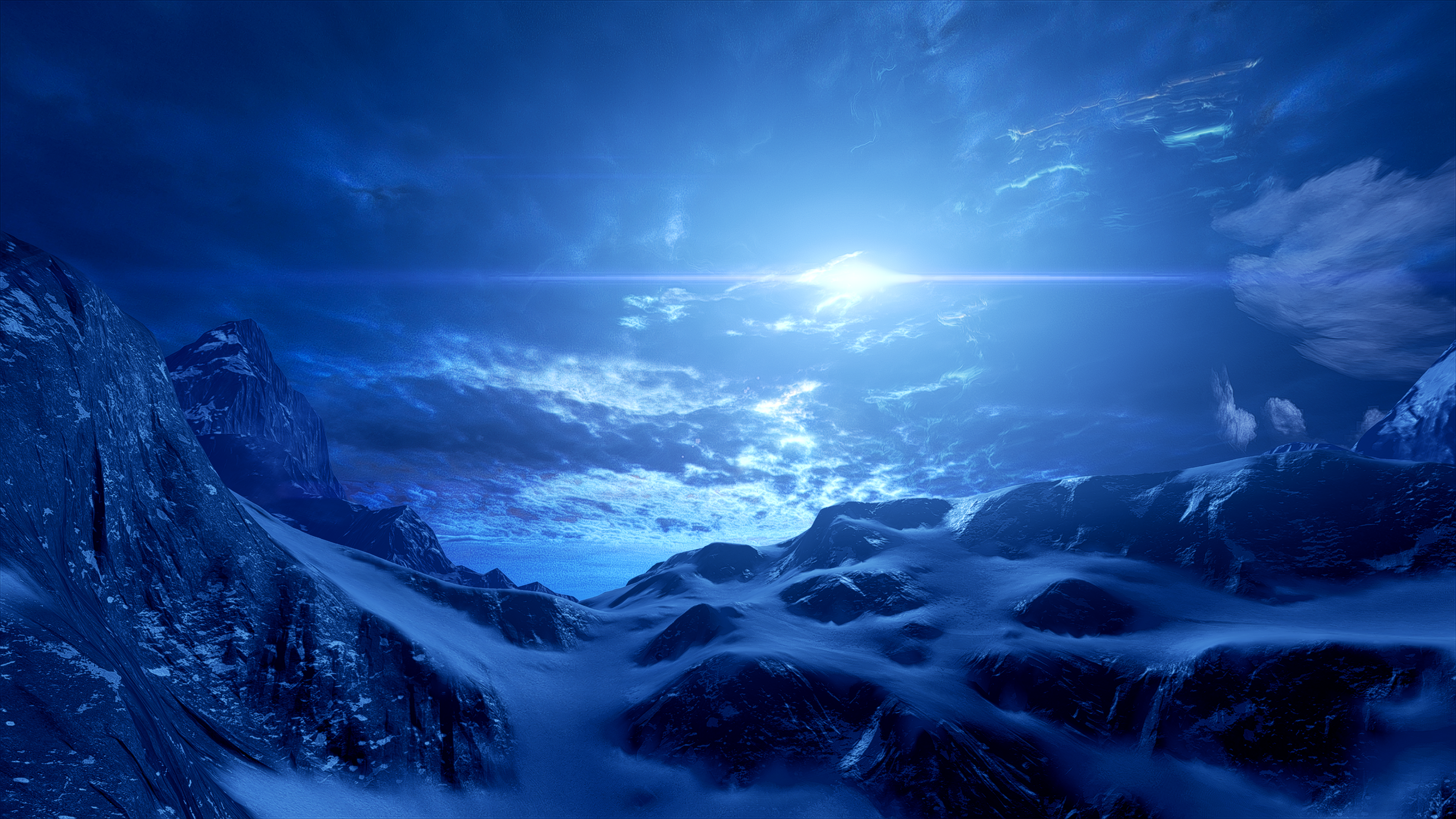 Mass Effect Andromeda Mountains Sky Sun Cold Snow Landscape Rocks Space Clouds Blue Video Games PC G 3840x2160