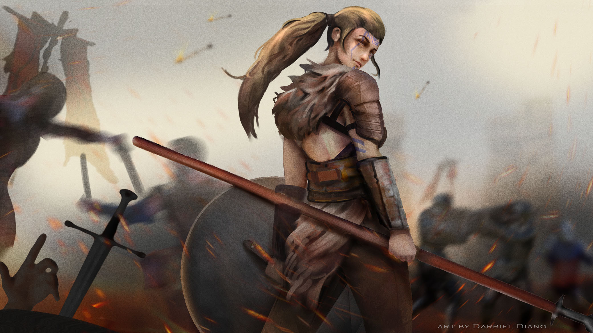 Warrior Women Battle Looking Back Sparks Brunette Digital Art Digital Painting Fan Art Artwork 2080x1171