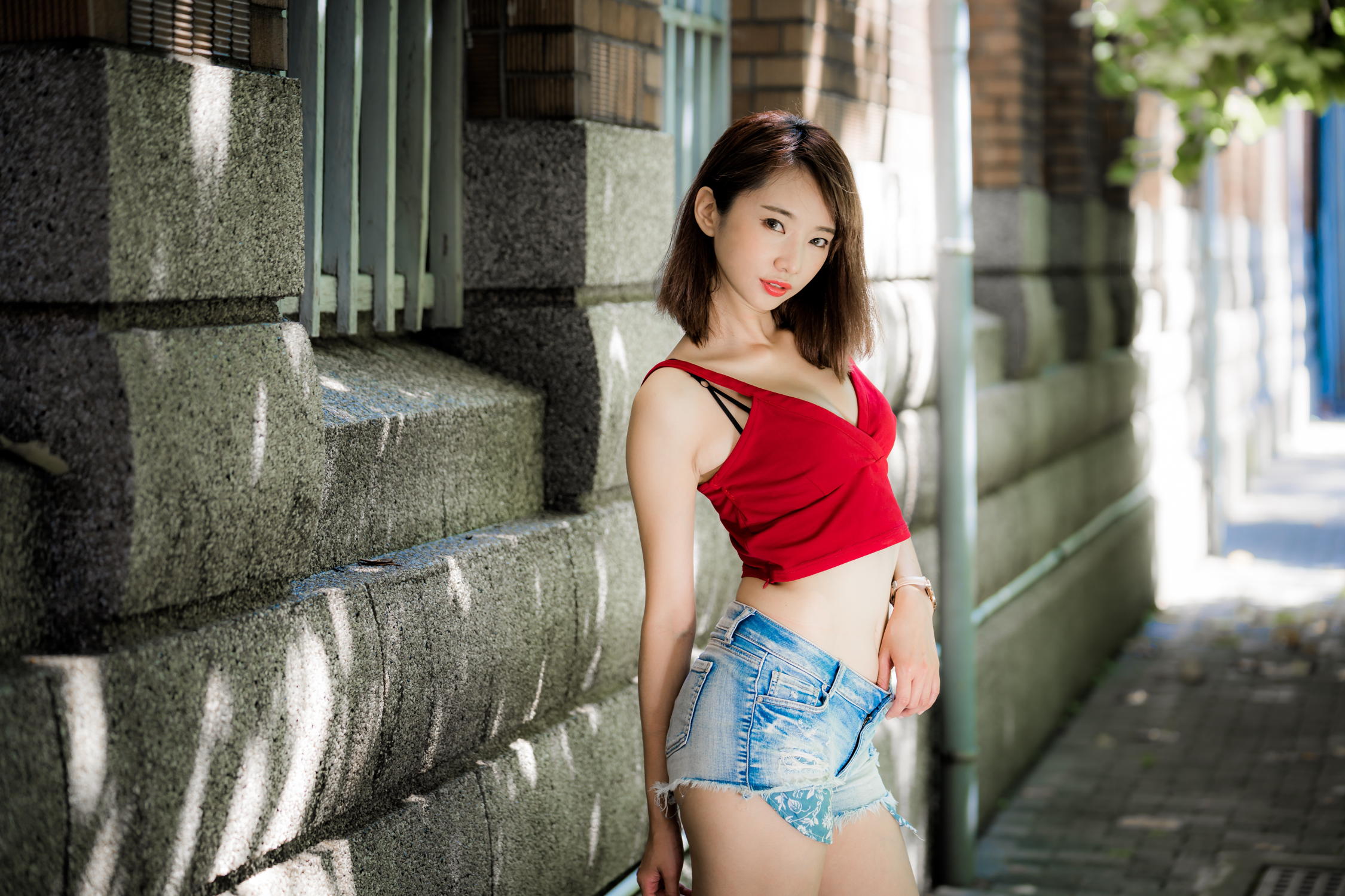 Asian Model Women Dark Hair Depth Of Field Short Hair Red Tops Seductive Look 2250x1500