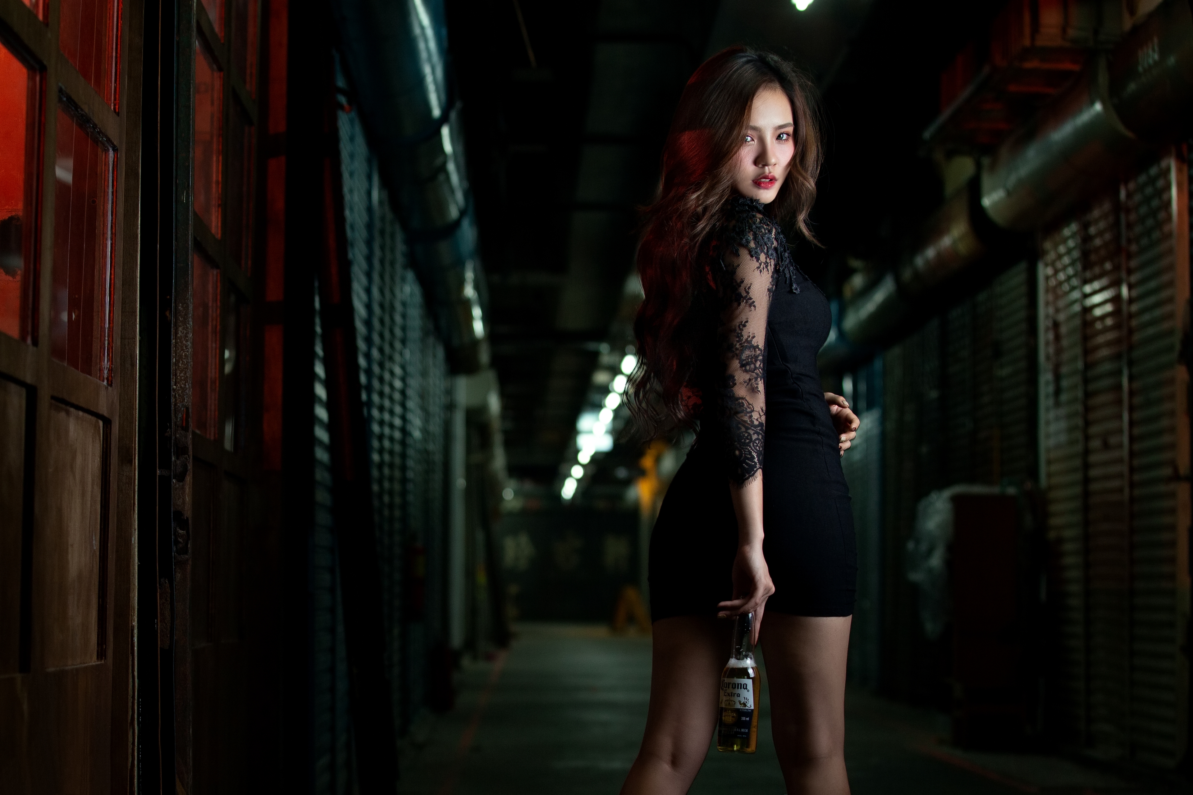 Albee Women Model Asian Brunette Corona Beer Looking At Viewer Dress Black Dress Parted Lips Hallway 3840x2560