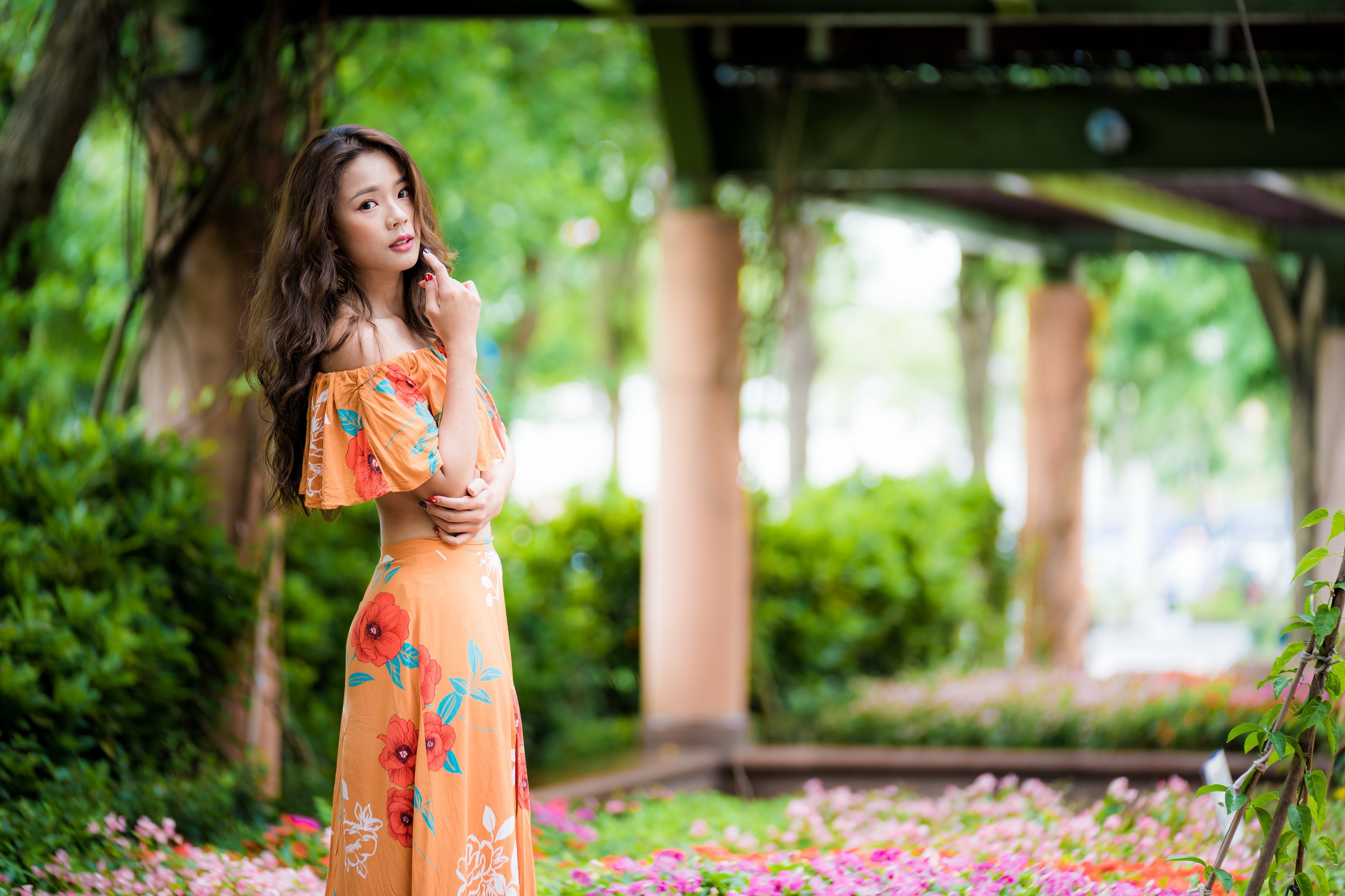 Asian Model Women Long Hair Brunette Women Outdoors Depth Of Field Flower Dress Bushes Trees Flowers 3840x2561
