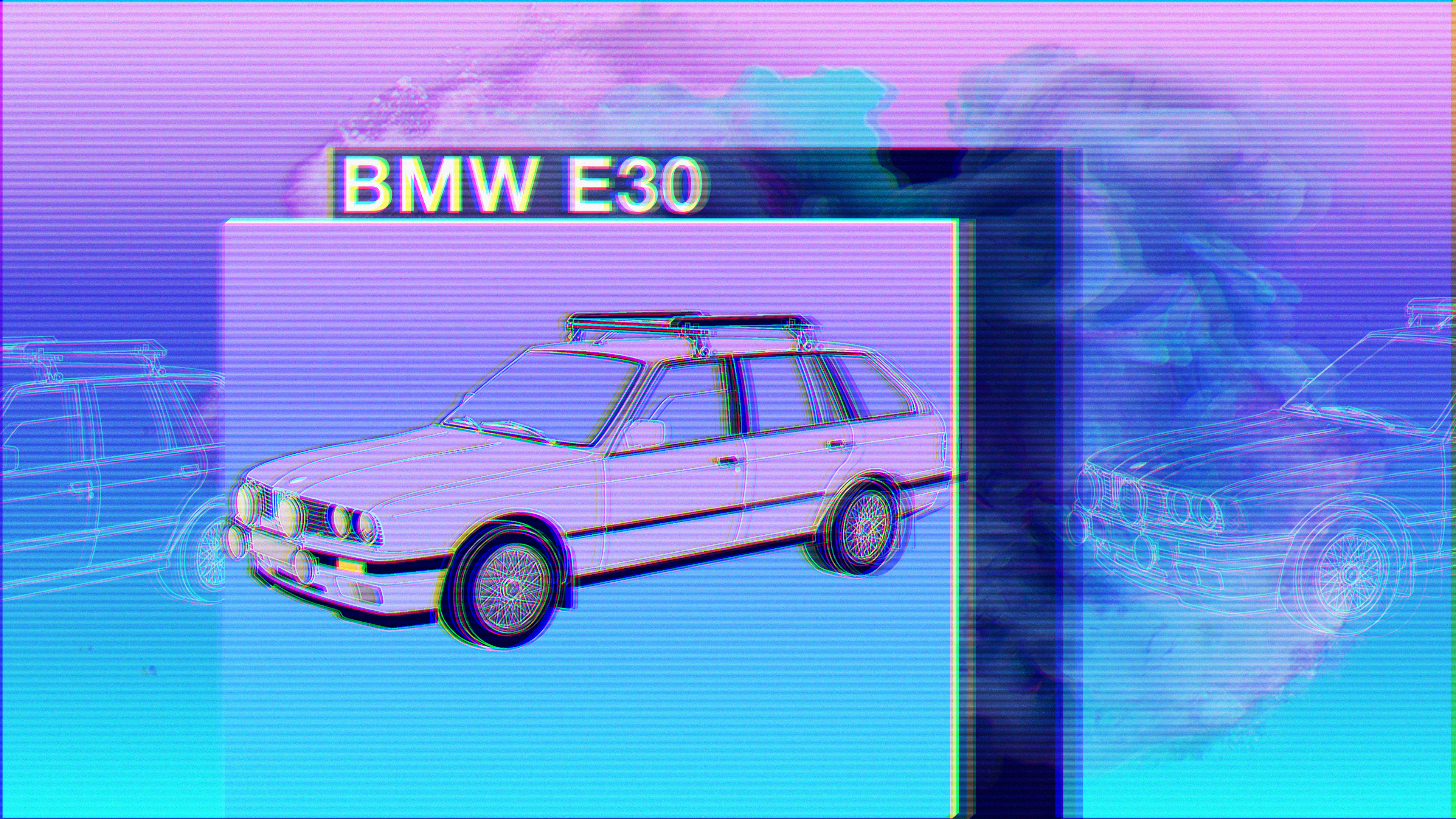 BMW BMW E30 Vaporwave Glitch Art Car BMW 3 Series Station Wagon Sketches Diplopia 3850x2166