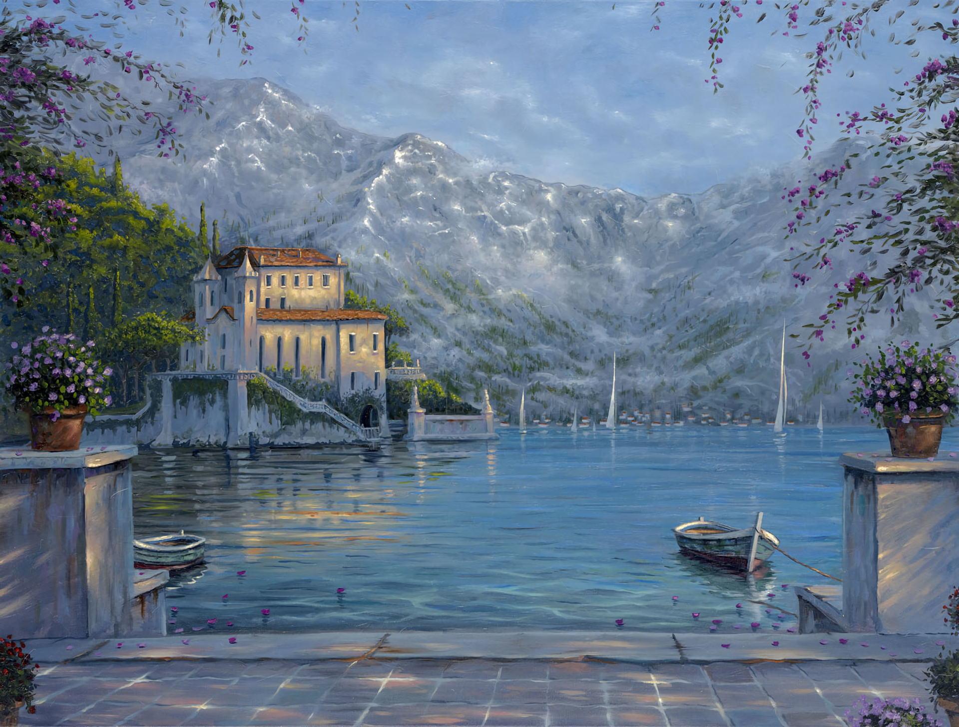 Artistic Boat Hotel Lake Mountain Painting 1920x1456