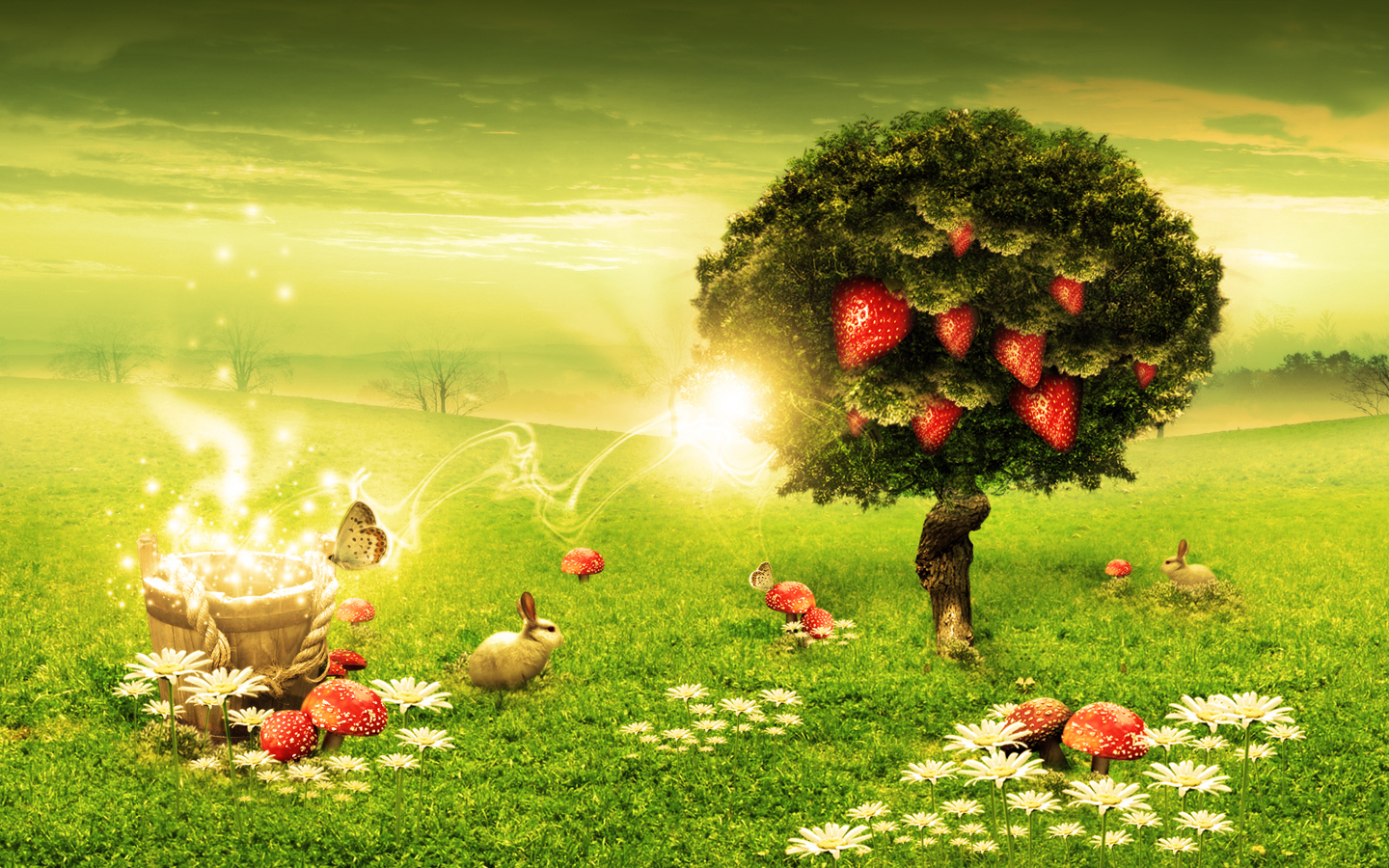 Strawberries Rabbits Fly Agaric Green 1440x900