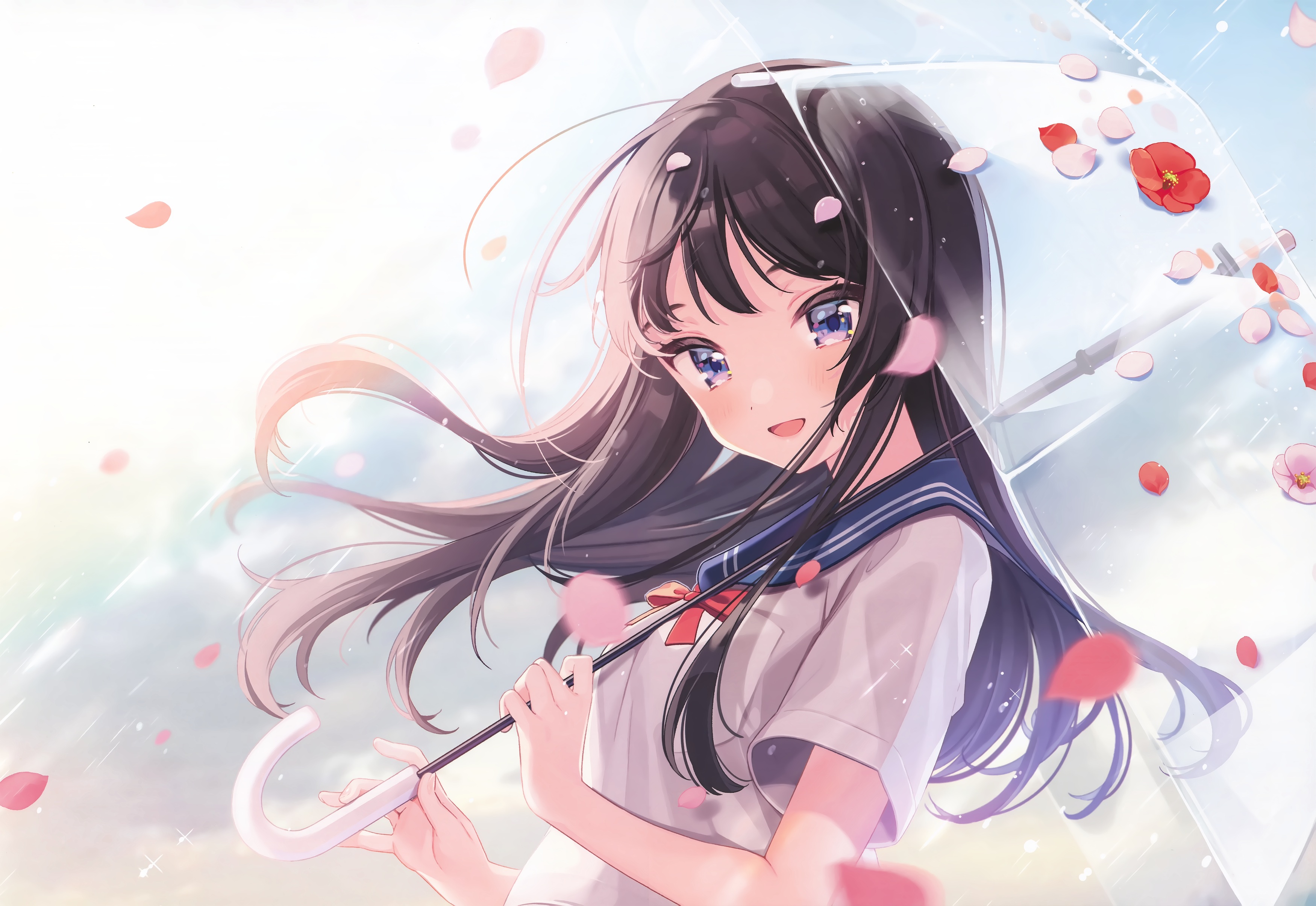 Anime Girls Umbrella Shigure Ui Rain Petals School Uniform Dark Hair Blue Eyes Anime 3500x2410