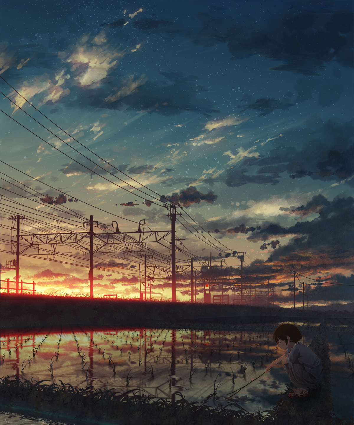 Nature Landscape Clouds Sky Rice Paddy Sunset Anime Girls Natsu Artist 1200x1440