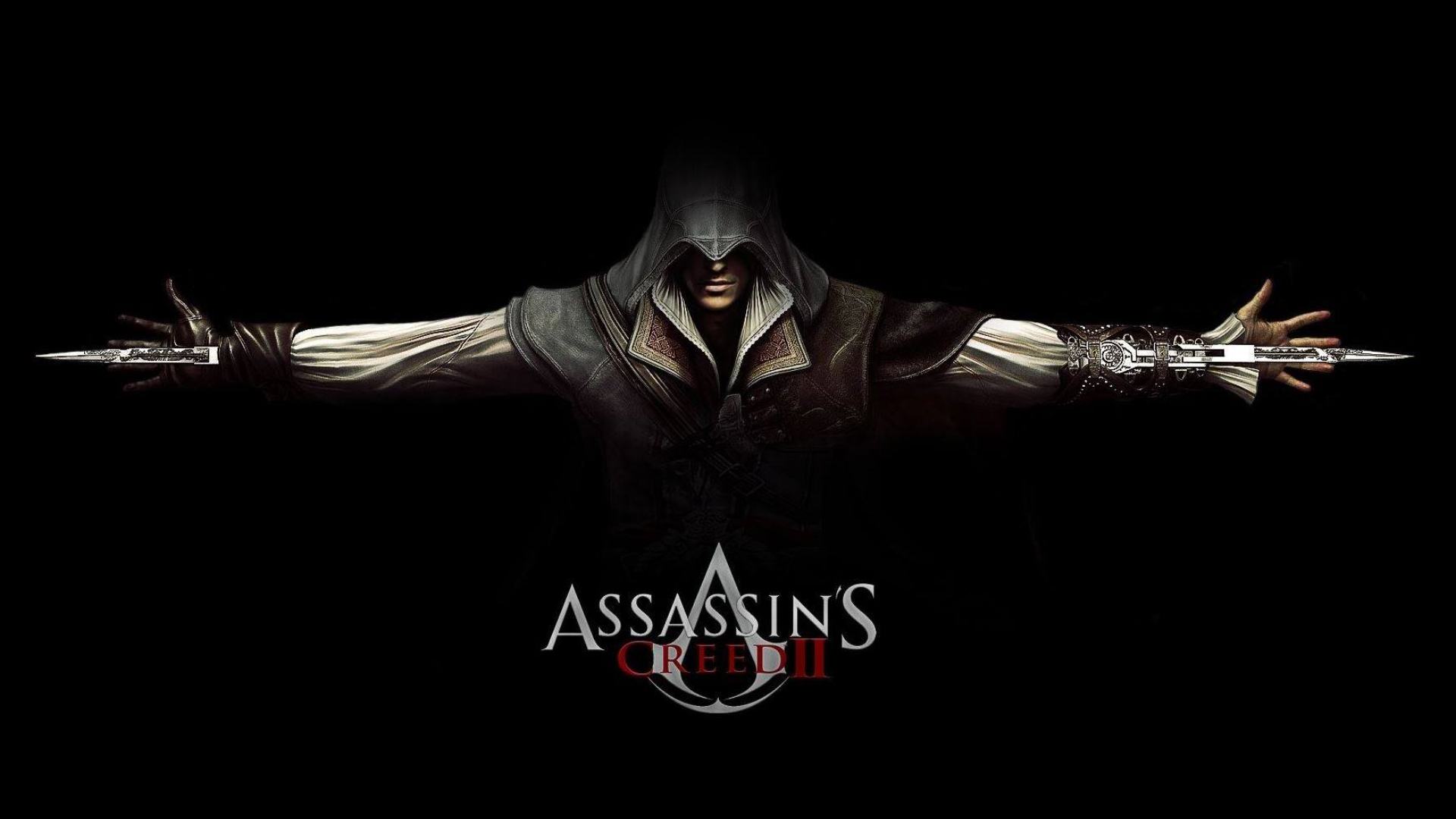 Assassins Creed 2 Video Games Video Game Art Simple Background Video Game Man Hoods Black Background 1920x1080