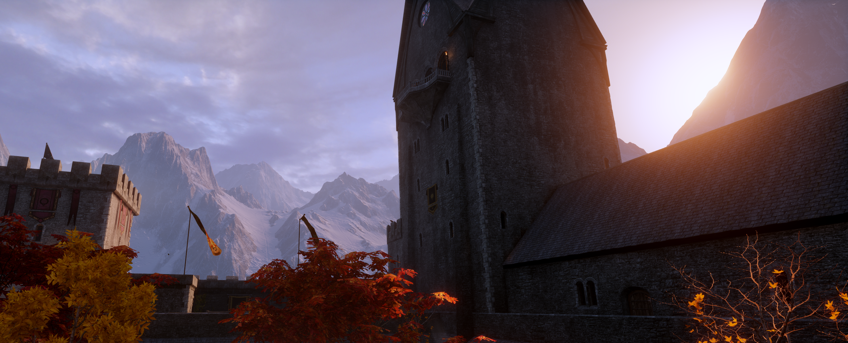 Dragon Age Inquisition Dragon Age Skyhold Castle Landscape Red Orange Mountains 2948x1195