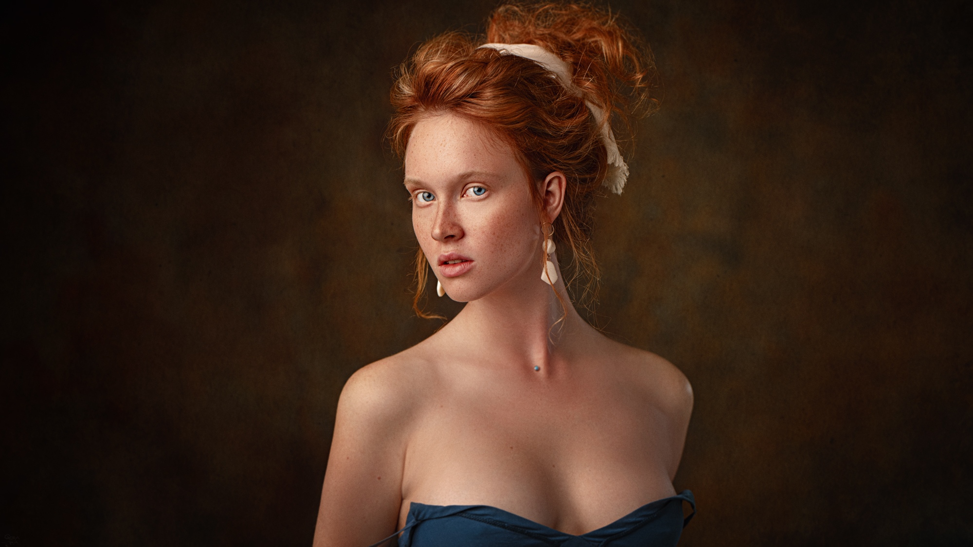 Women Face Portrait Model Redhead Women Indoors Indoors Standing Blue Eyes Looking At Viewer Freckle 2000x1125