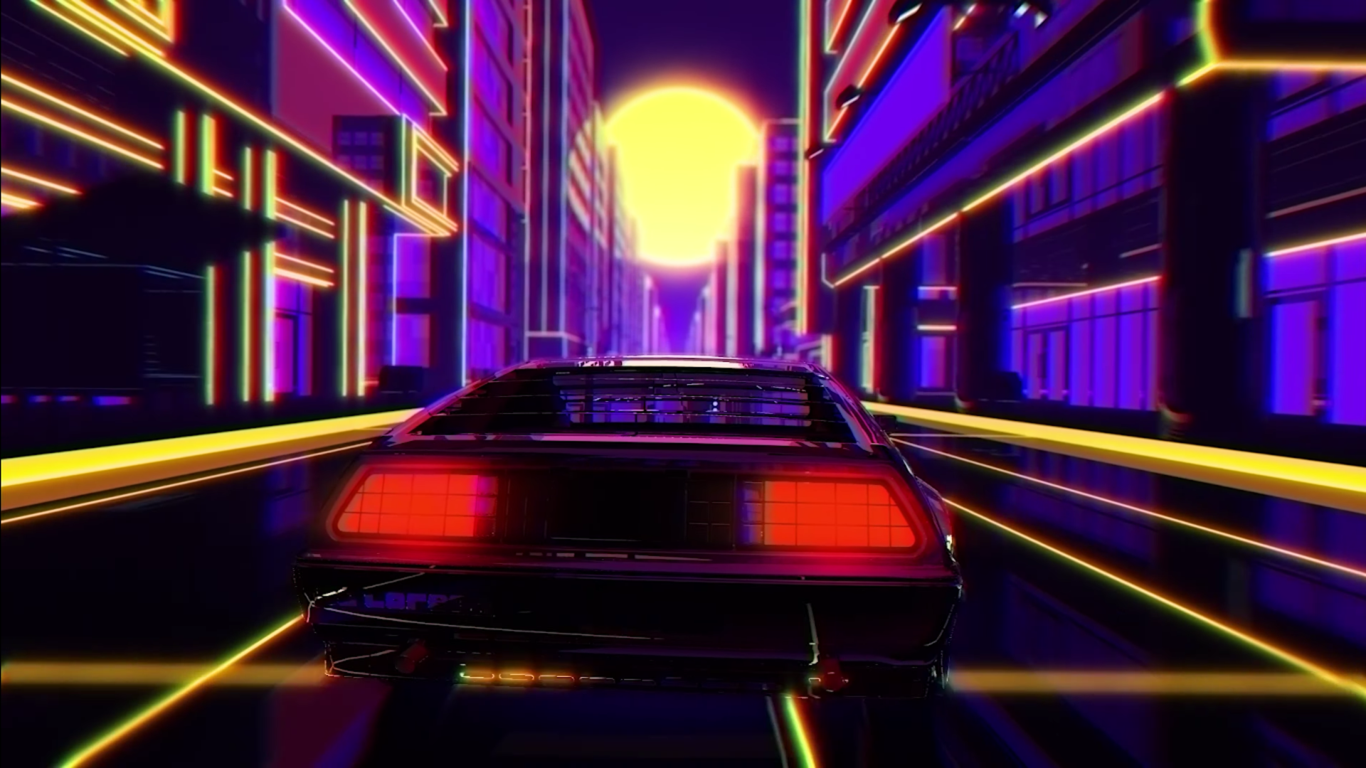 Retro Car Retrowave DeLorean Road City Sunset 4K 1920x1080