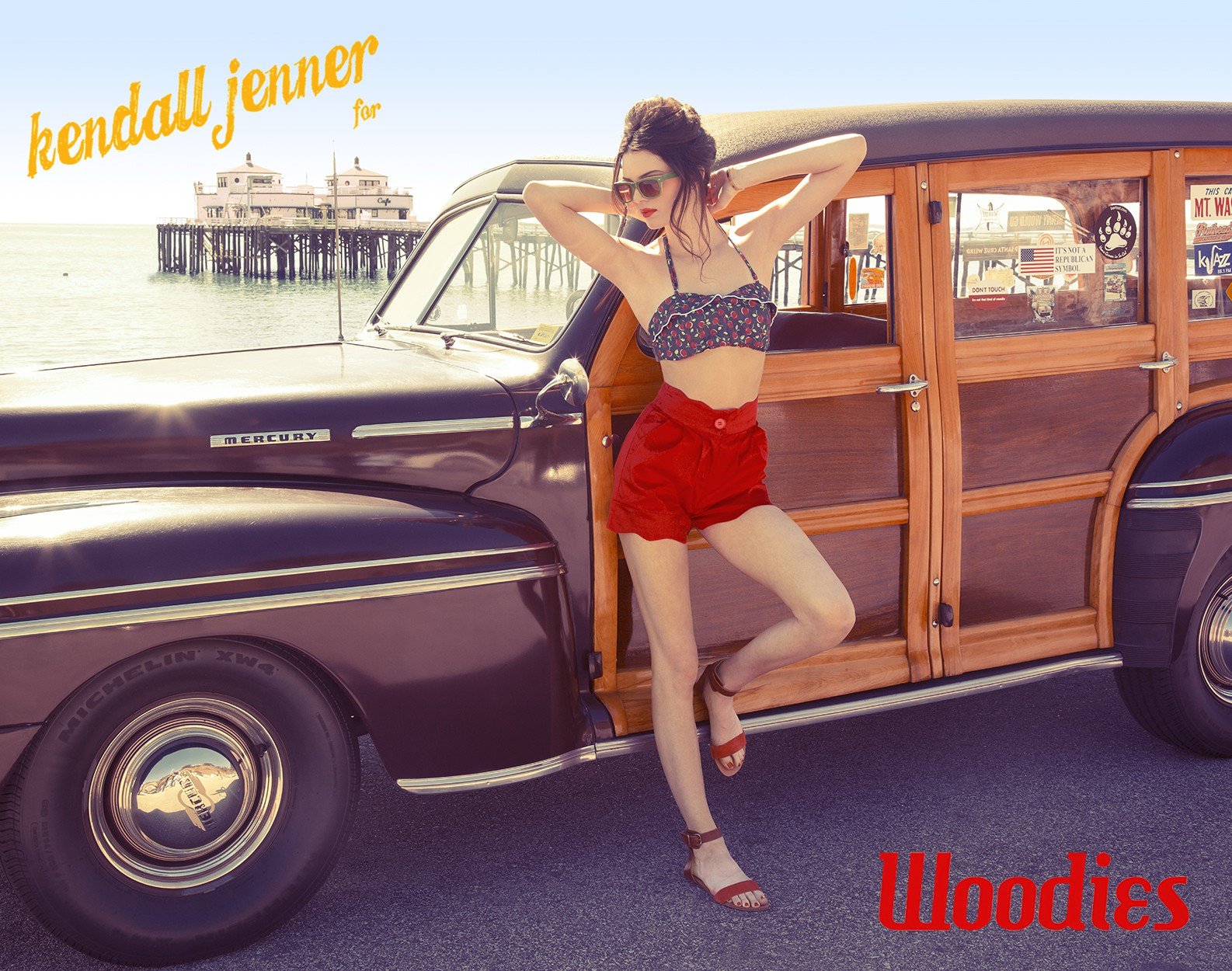 Kendall Jenner Women Model Dark Hair Outdoors Women With Shades Legs Classic Car High Waist Shorts L 1586x1250