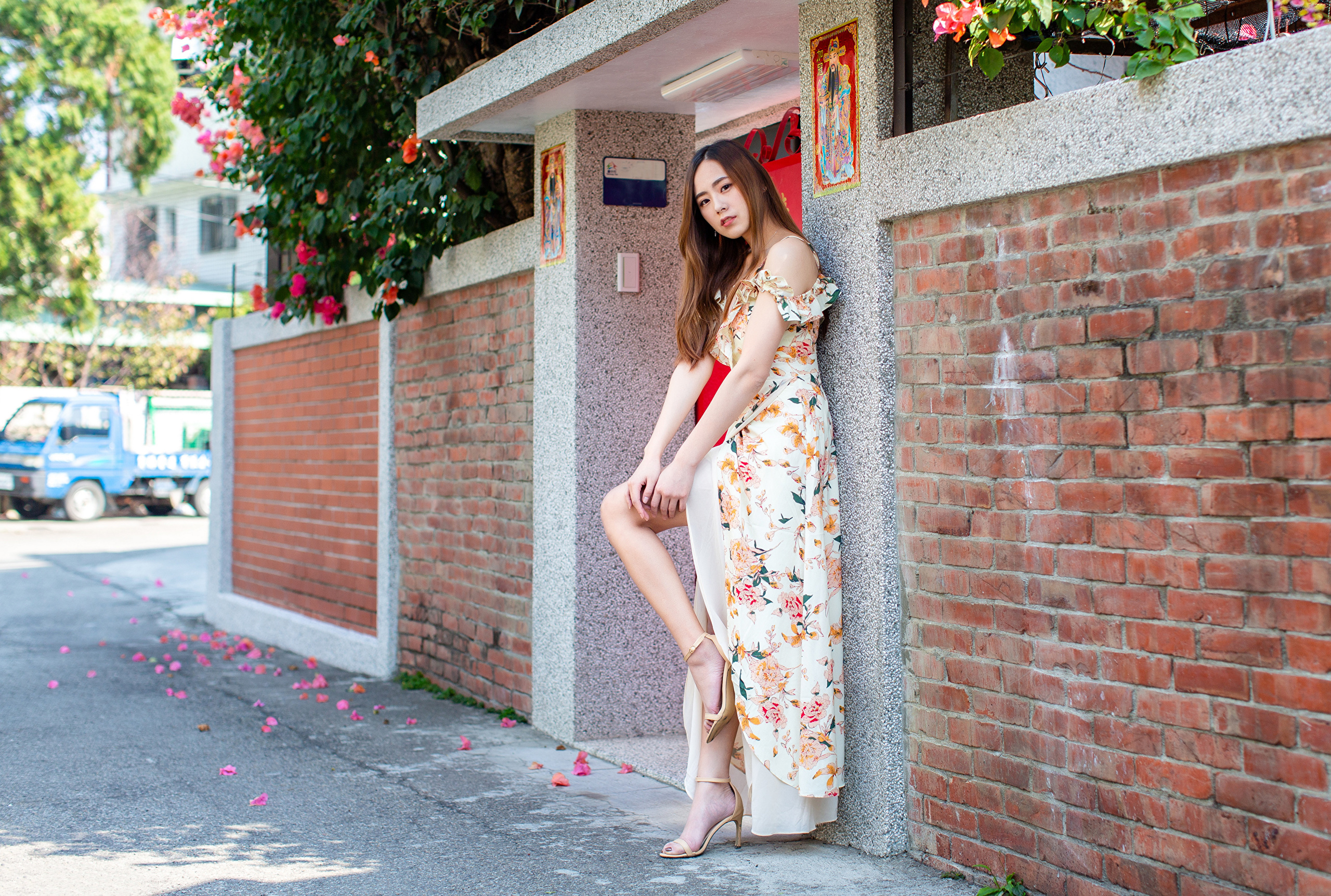 Asian Model Women Long Hair Brunette Wall Bricks Leaning Barefoot Sandal Flower Dress Bushes Flowers 2560x1724