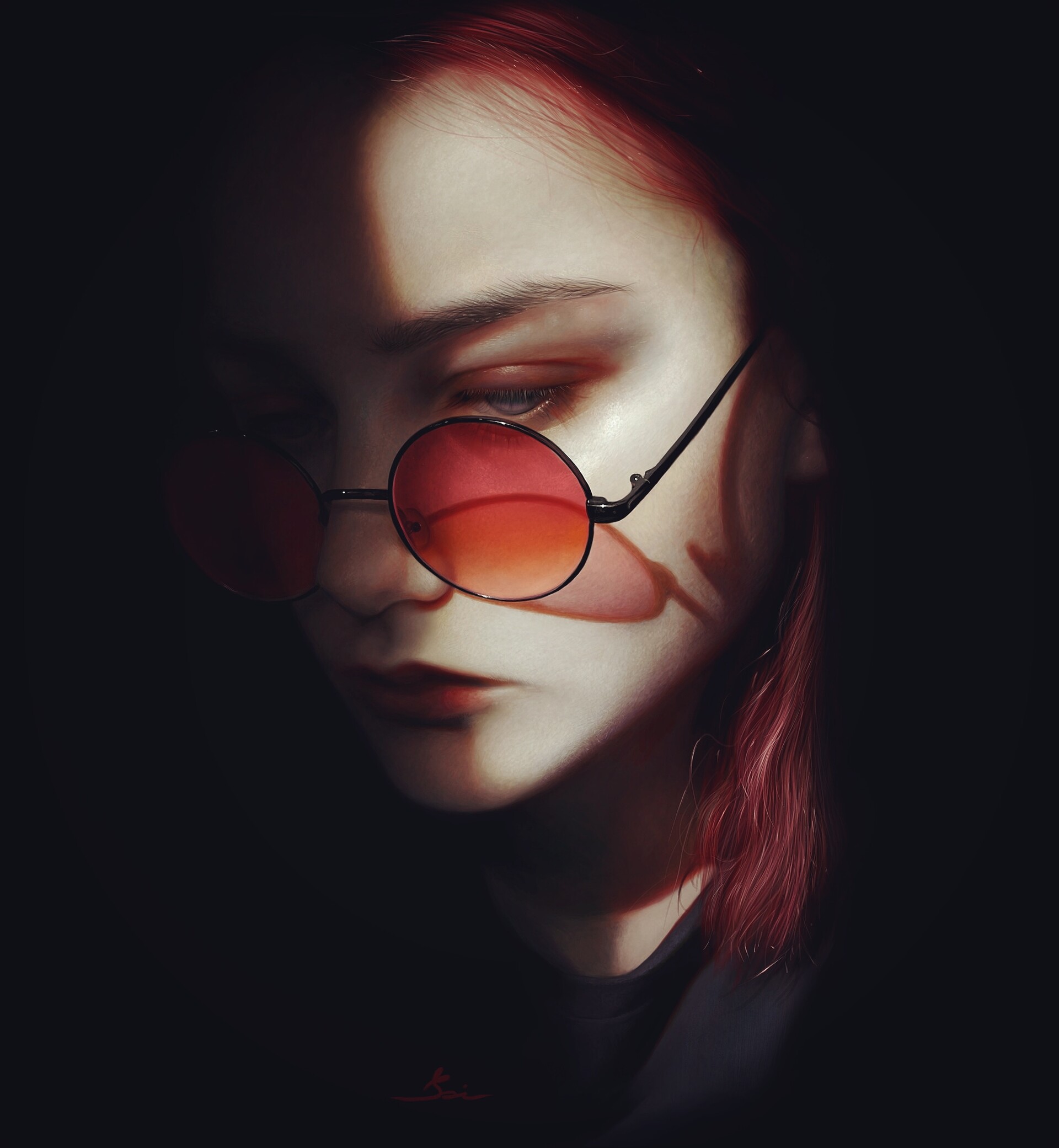 Elena Sai Women Glasses Digital Art Black Background Face Red Glasses Artwork Redhead Short Hair Clo 1920x2081