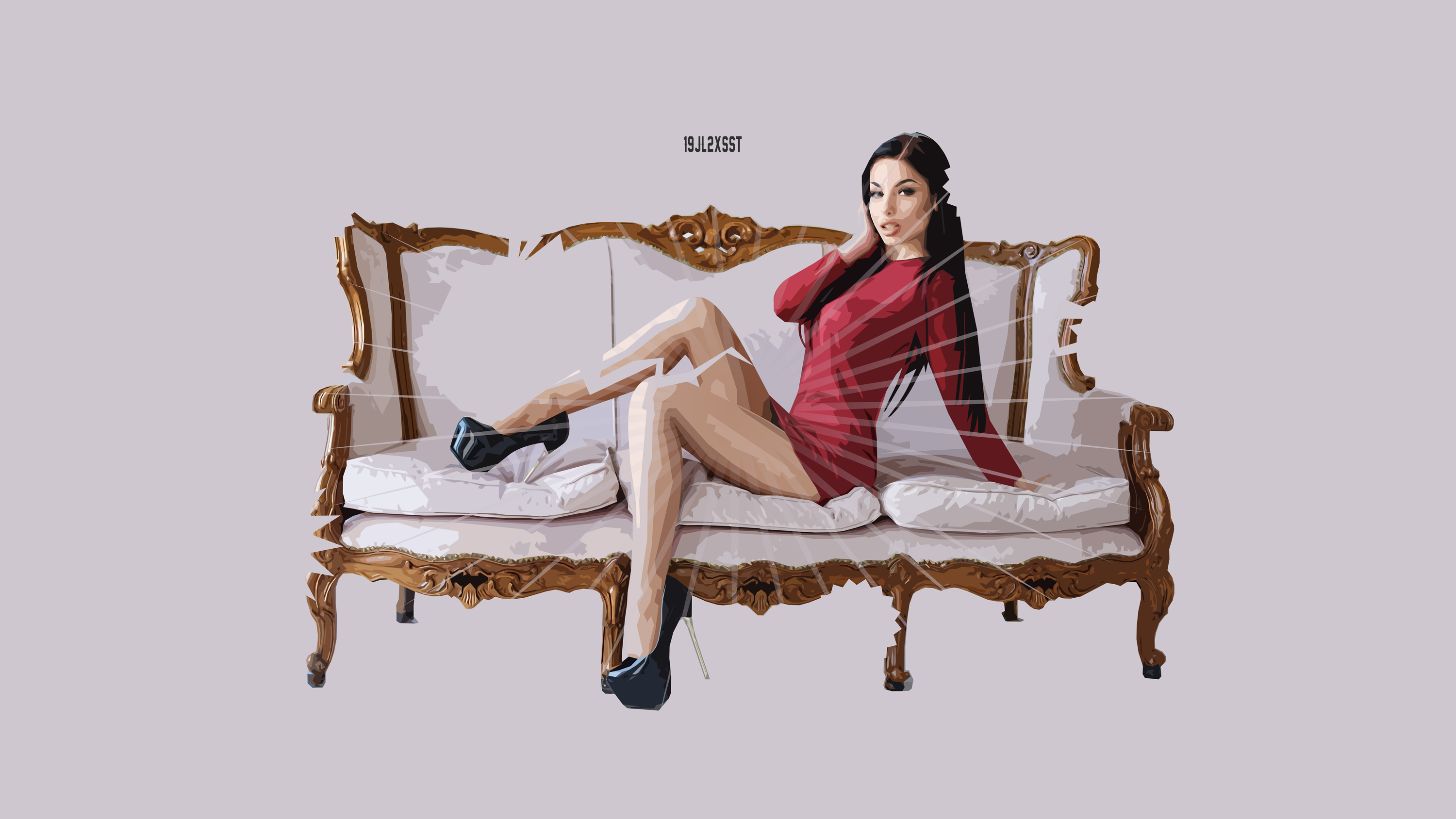 Artistic Digital Art Fashion Girl Model Red Dress Sofa Vector 3000x1688