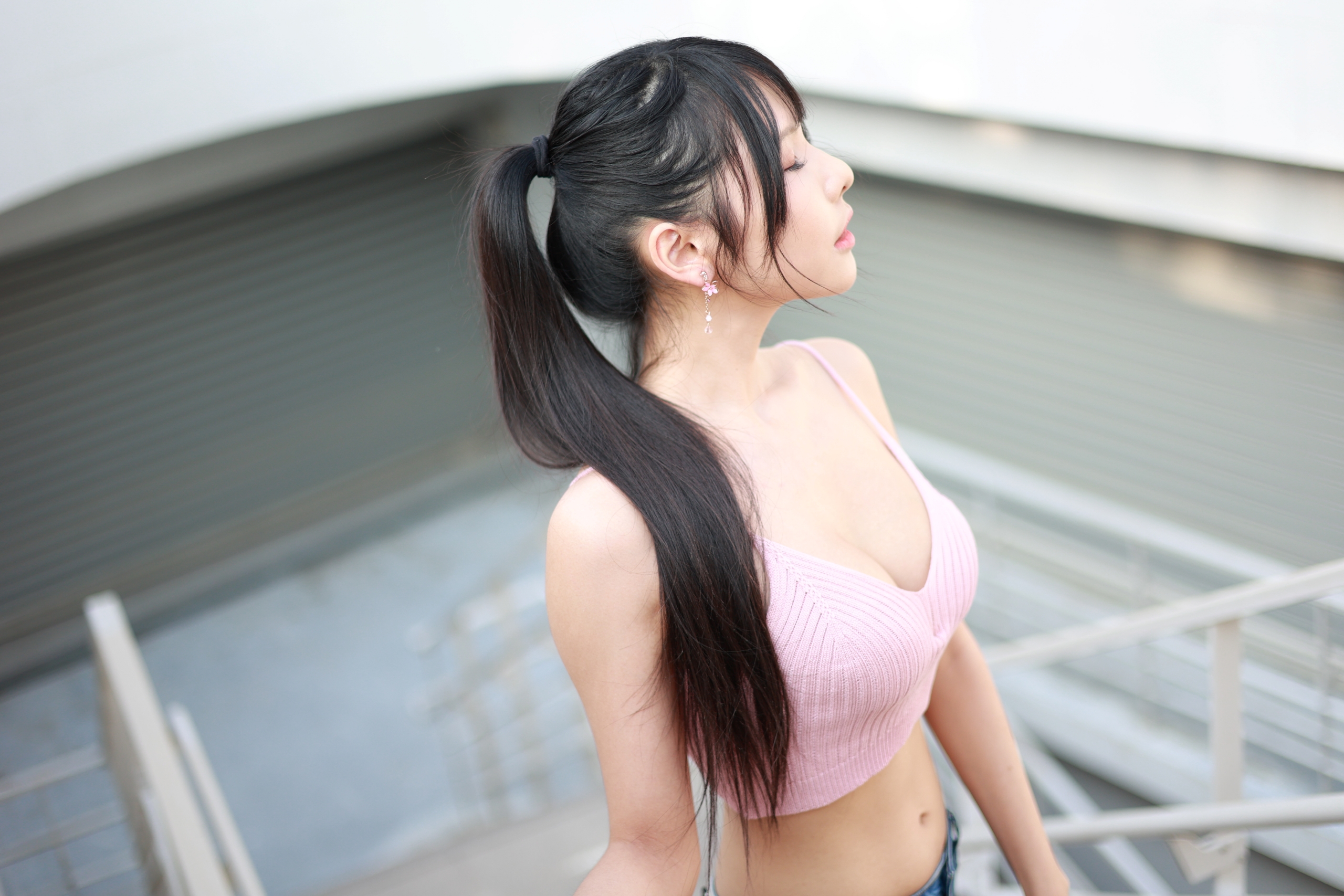 Vicky Women Model Brunette Asian Ponytail Bangs Closed Eyes Parted Lips Earring Pink Tops Portrait O 2560x1707