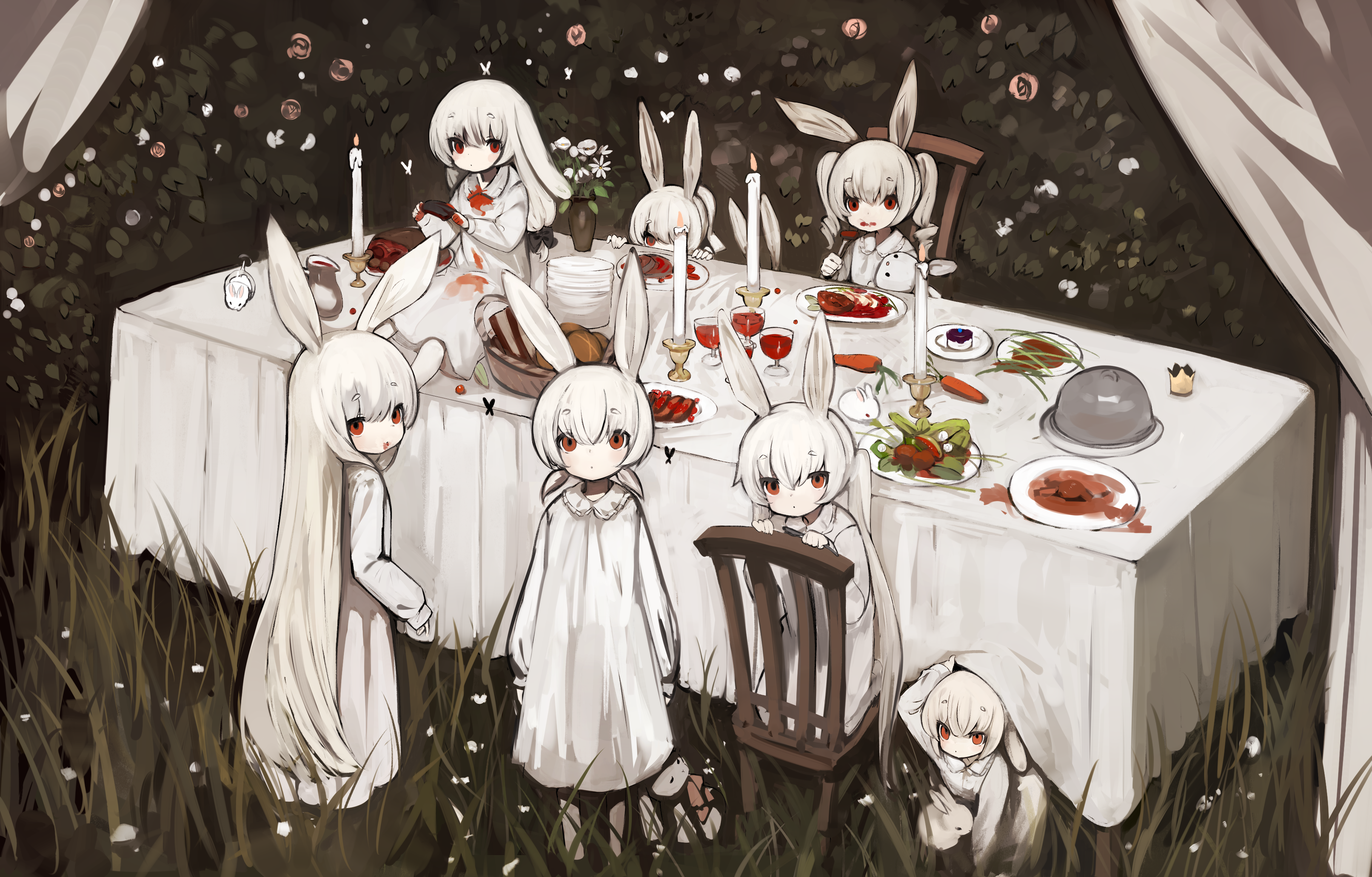 Anime Anime Girls Blonde Long Hair Bunny Ears Red Eyes Table Eating Chair Meat Wine Glass Candles Gr 3635x2323