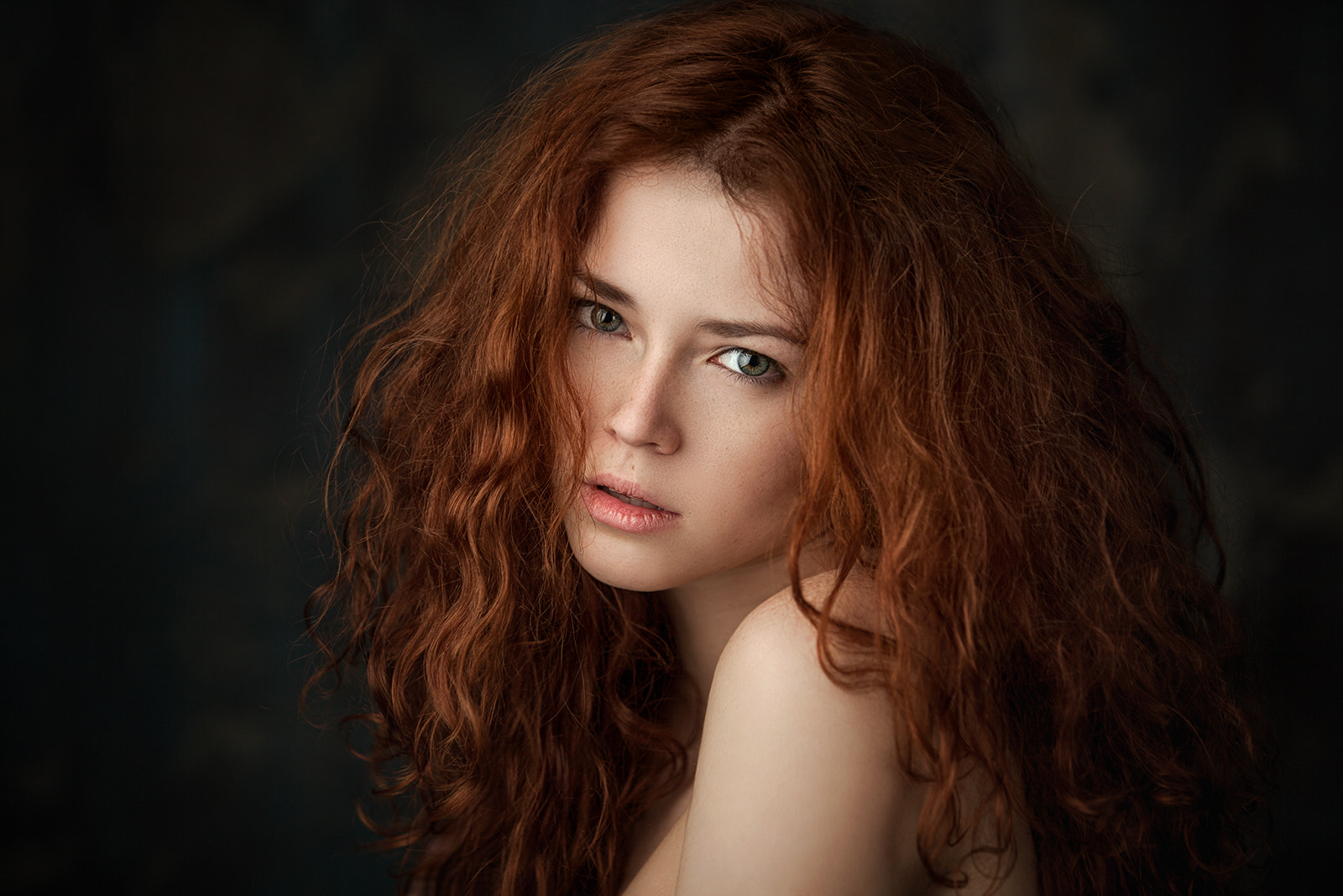Ivan Ustinov Women Redhead Wavy Hair Freckles Looking At Viewer Blue Eyes Portrait Bare Shoulders Si 1600x1067