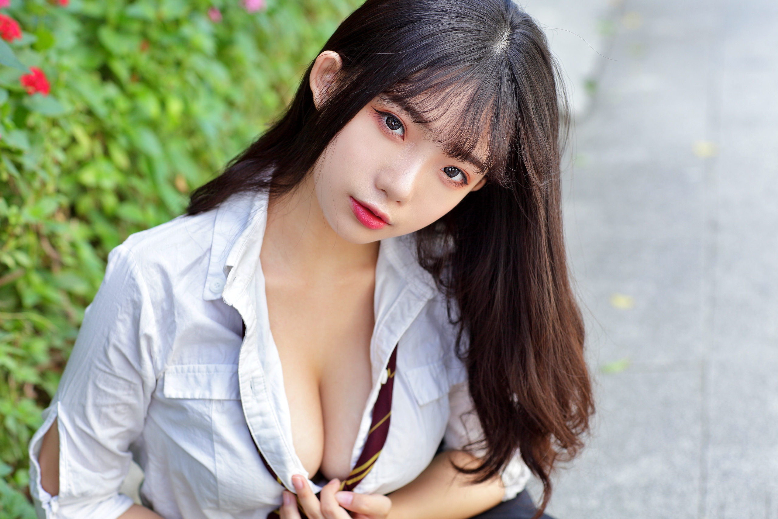 Ning Shioulin Women Model Brunette Long Hair Bangs Looking At Viewer Parted Lips Shirt Tie Depth Of  2560x1707