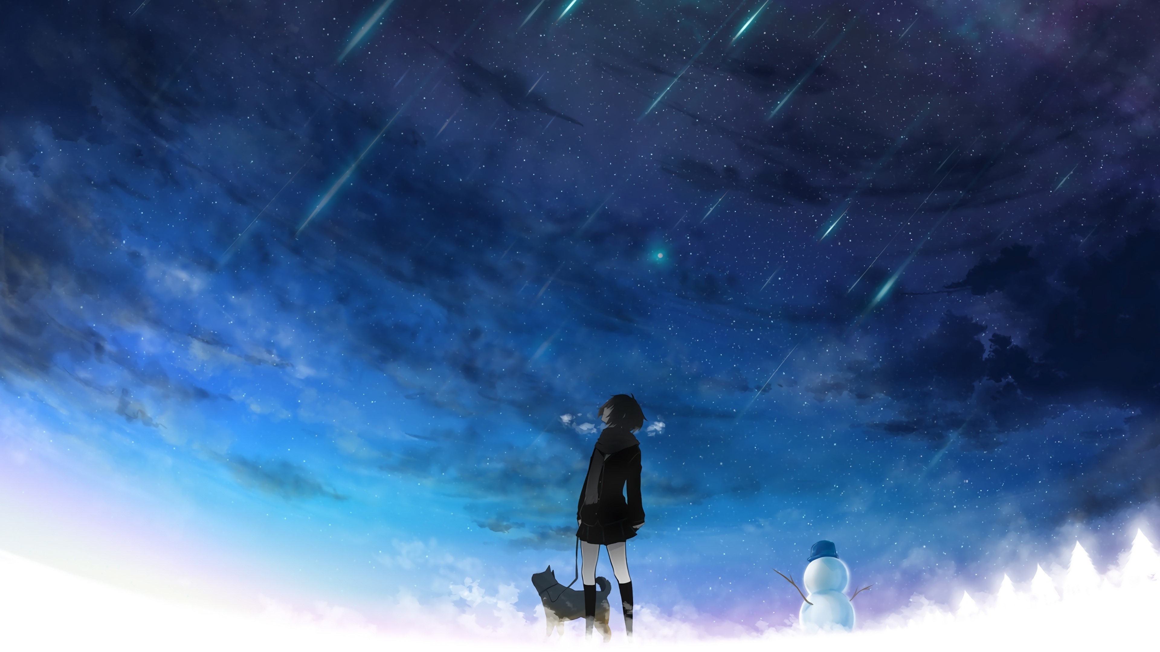 Snow Starry Night Clear Sky Anime Girls Shooting Stars Snowmen Dog Tokiti 3840x2160