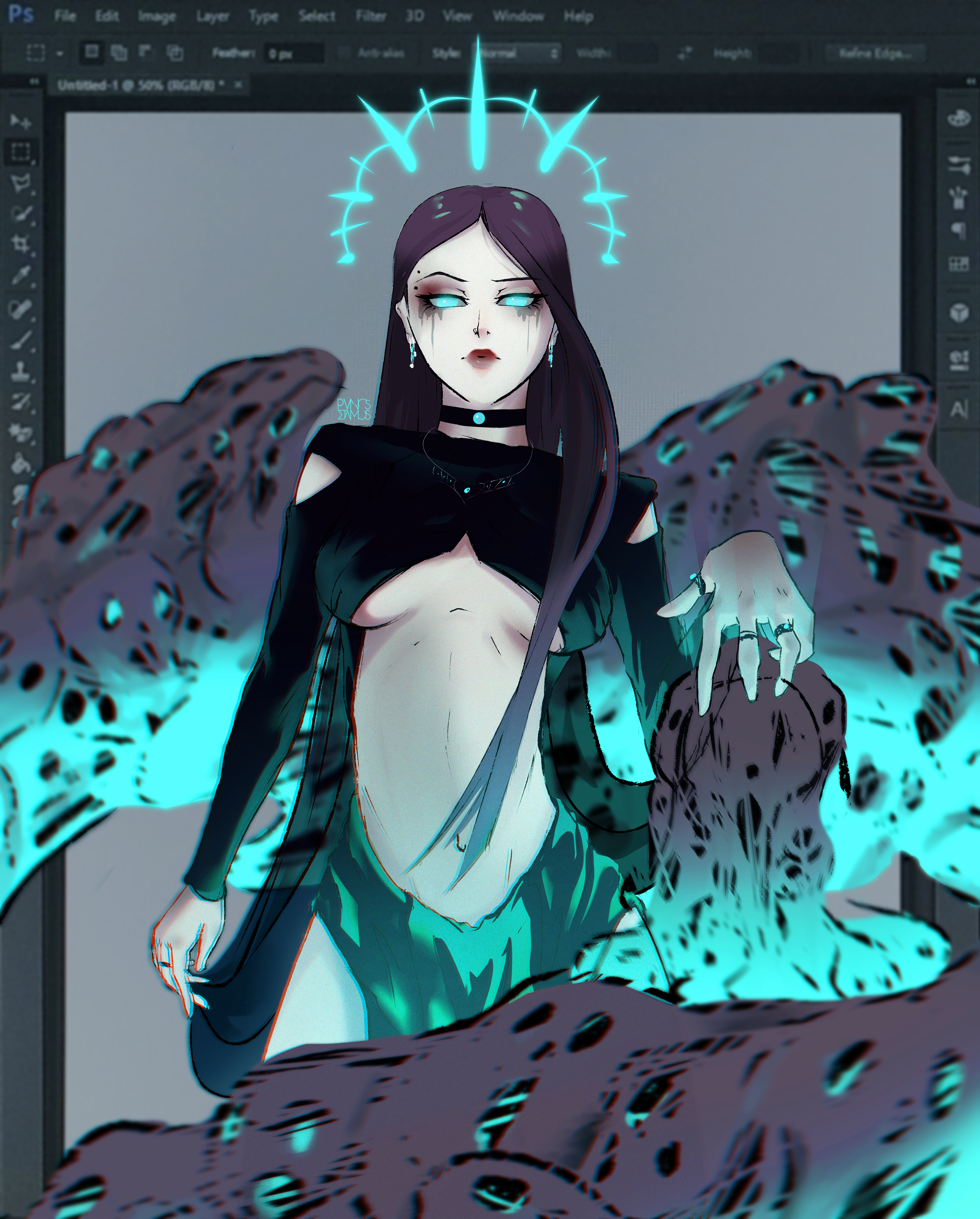 Anime Girls Demon Illustration Artwork Skull Digital Ghost Purple Cyan Black Dark Anime Wallpaper Fa 3552x4416