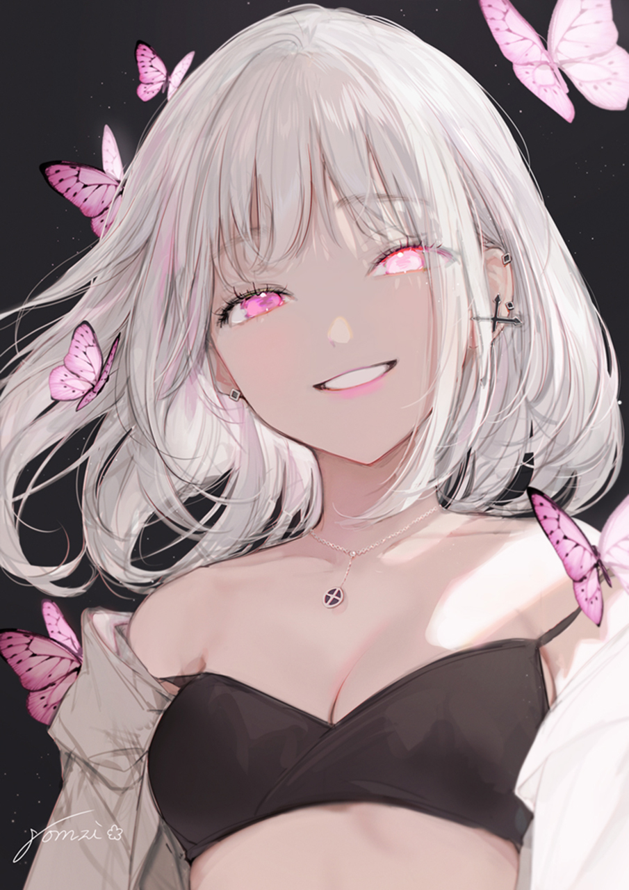 Portrait Display Silver Hair Pink Eyes Butterfly Anime Girls Gomzi 905x1280